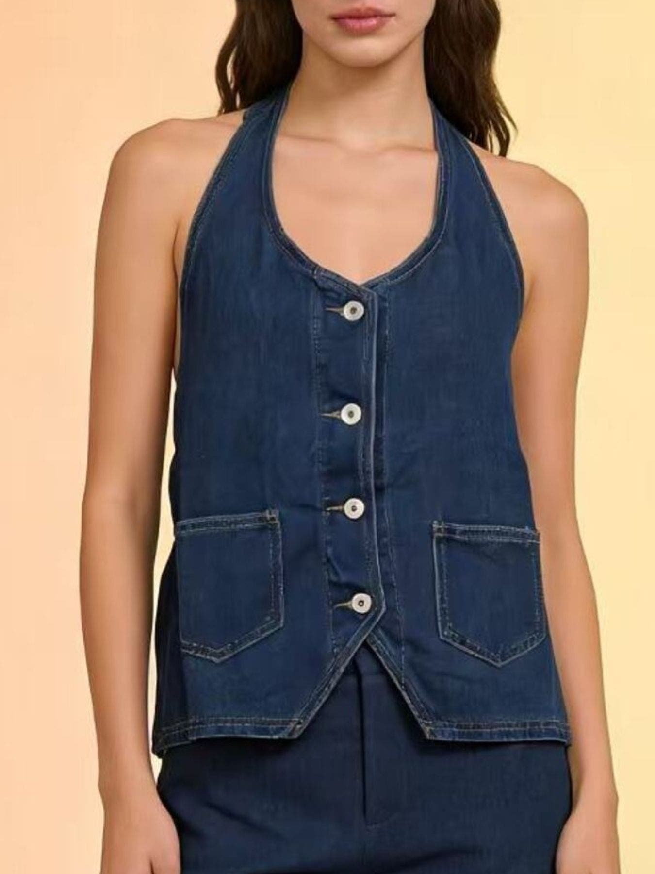 Halter Neck Button-Down Denim Vest -