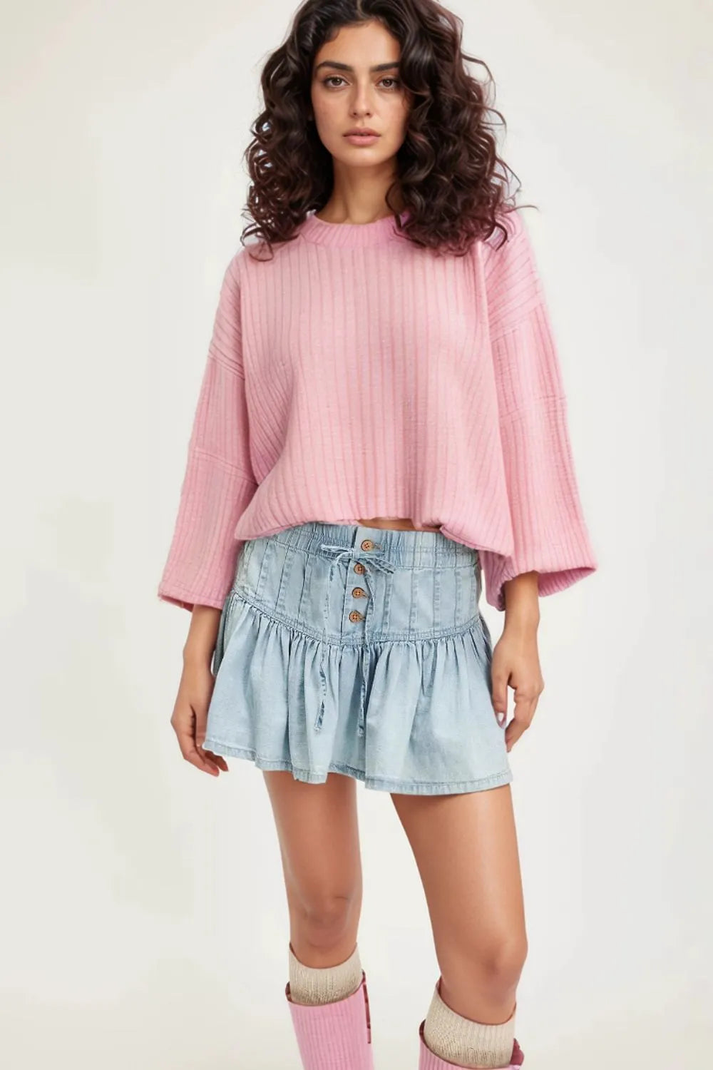 Buttoned Ruffled Mini Denim Skirt -