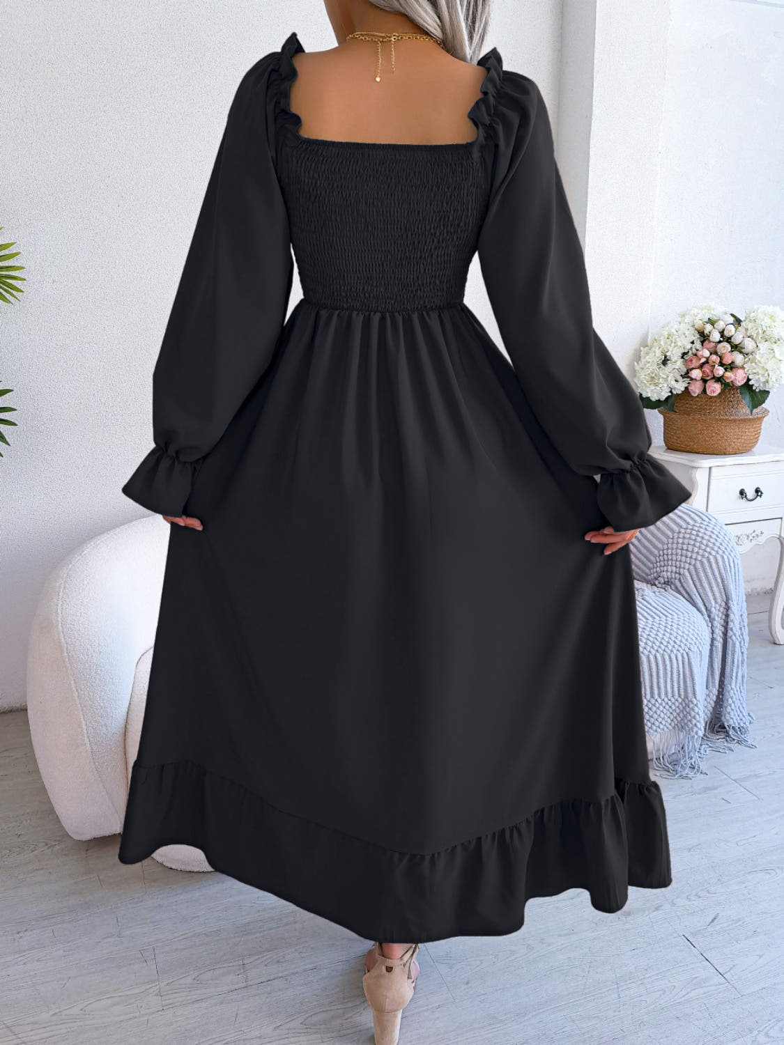 Smocked Square Neck Flounce Sleeve Dress -