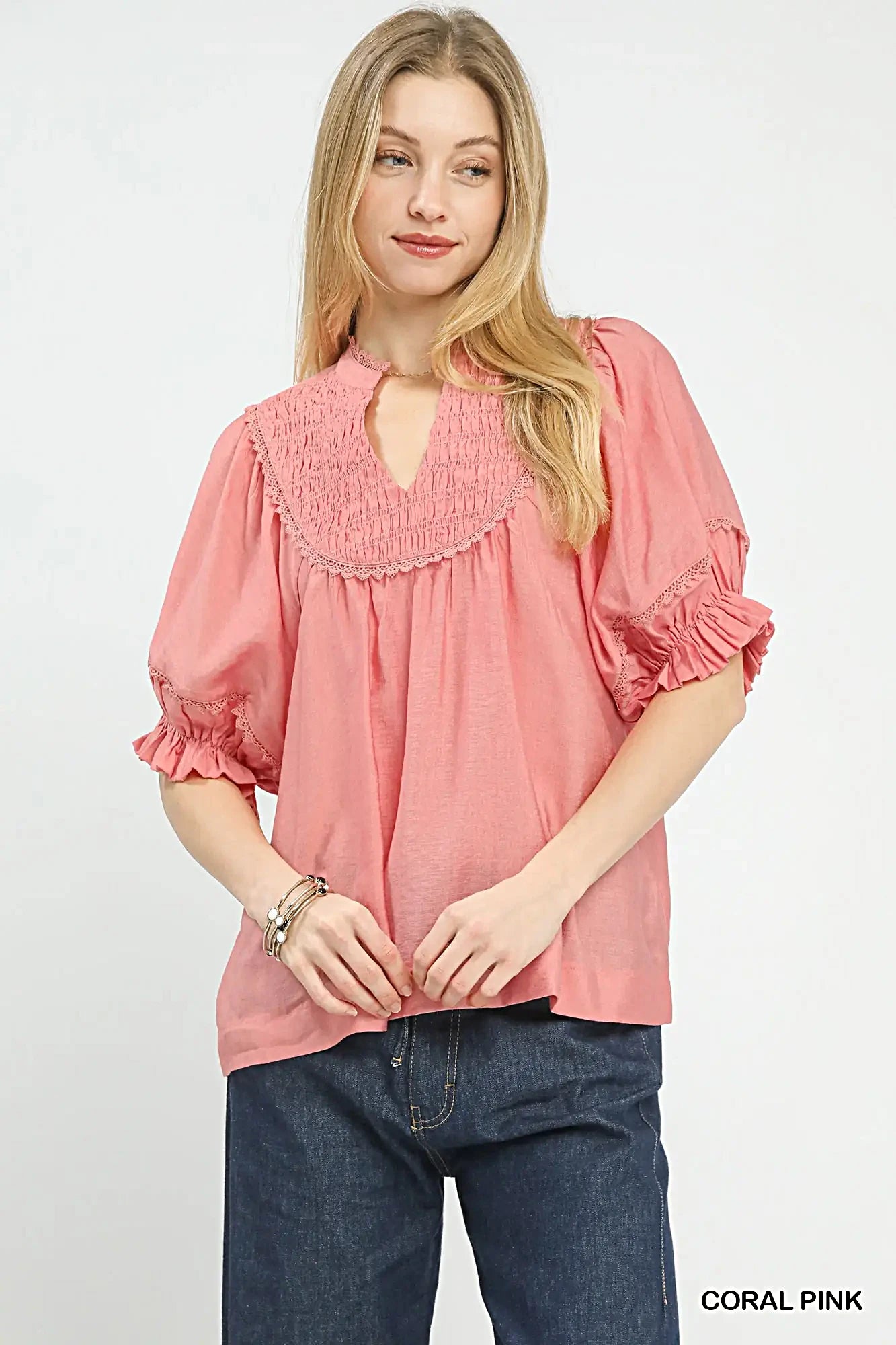 Umgee Smocked Yoke Blouse with Ruffle Sleeves -