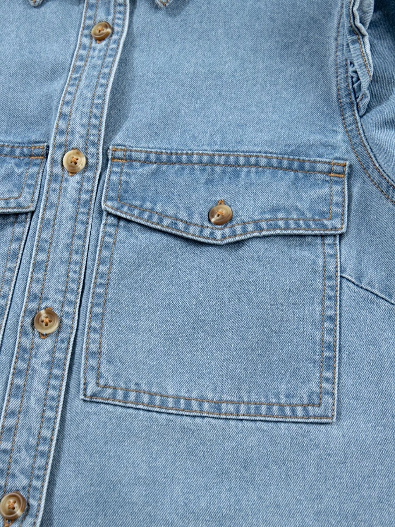 Ruffled Button-Down Denim Shirt -