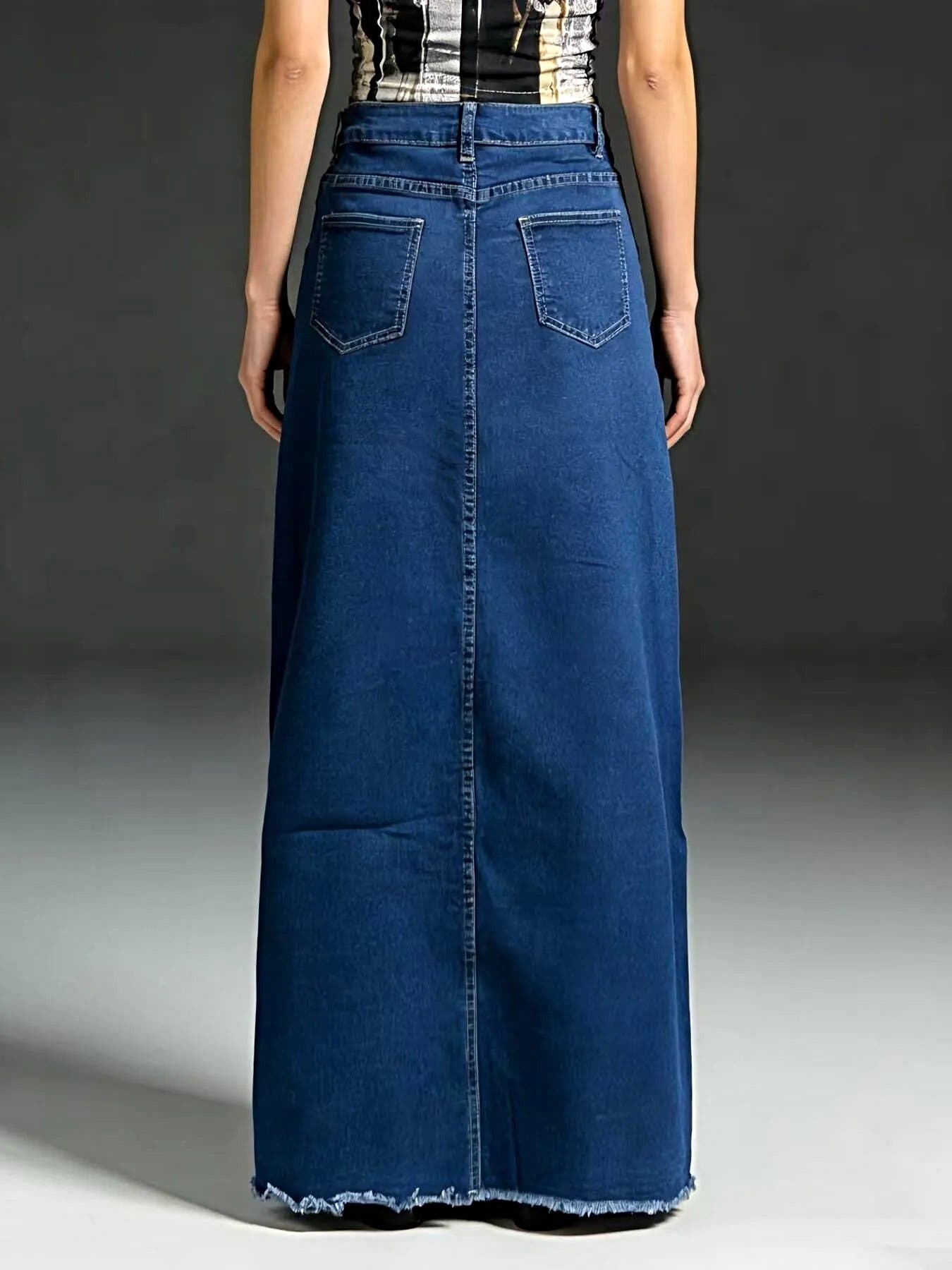 Raw Hem Maxi Denim Skirt -