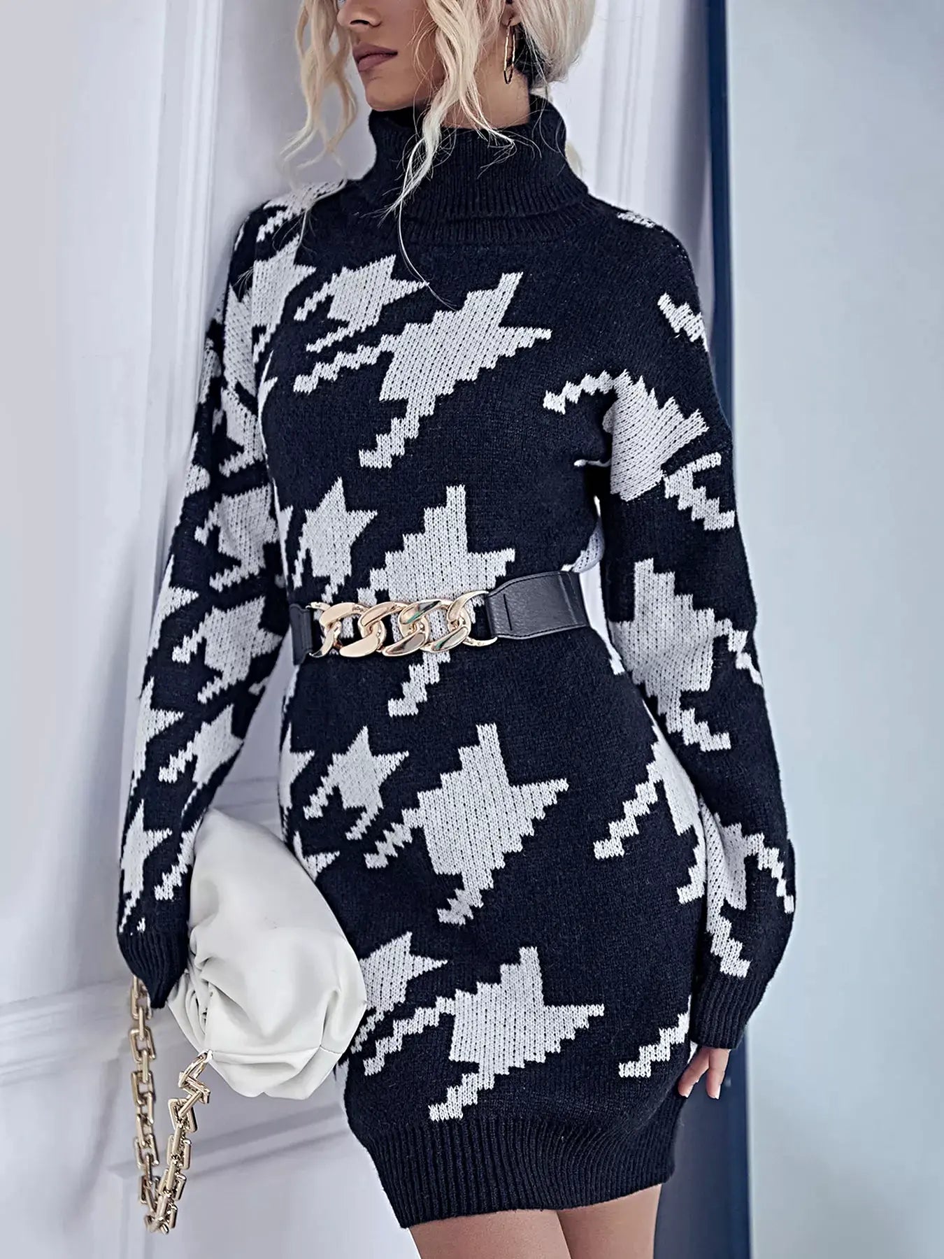 Houndstooth Pattern Turtleneck Sweater Dress -