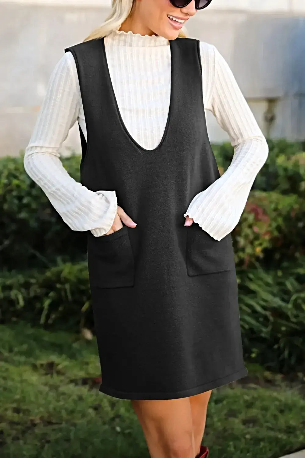 Lovelet Pocketed V-Neck Mini Sweater Overall Dress -