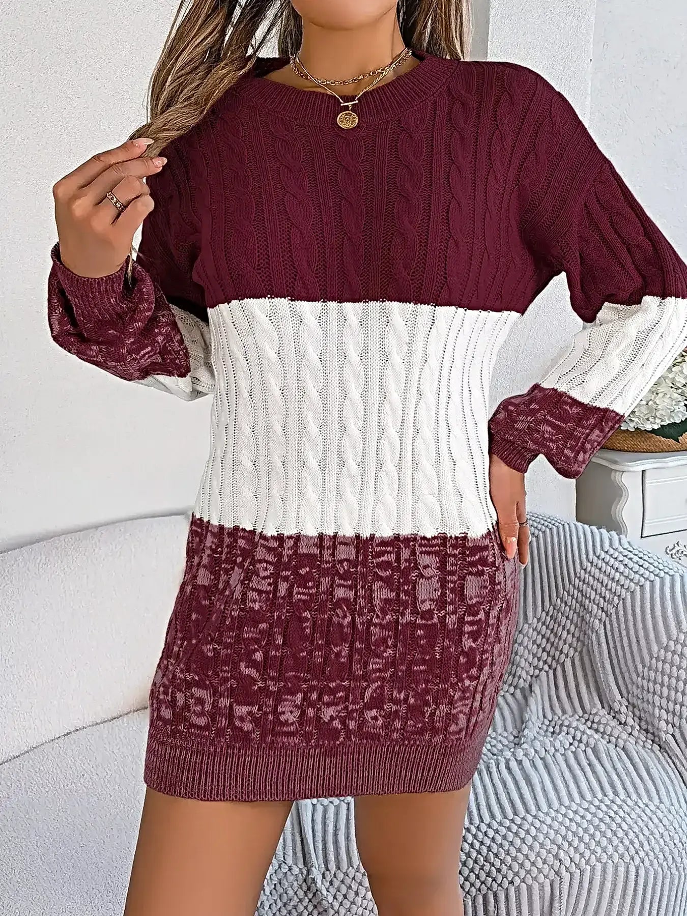 Color Block Cable Knit Sweater Dress with Textured Pattern -