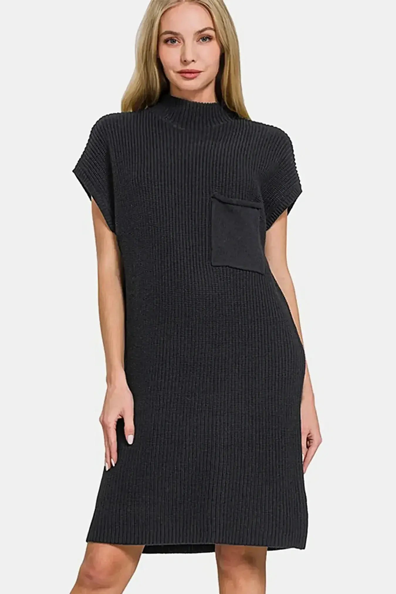 Zenana Mock Neck Short Sleeve Sweater Dress -