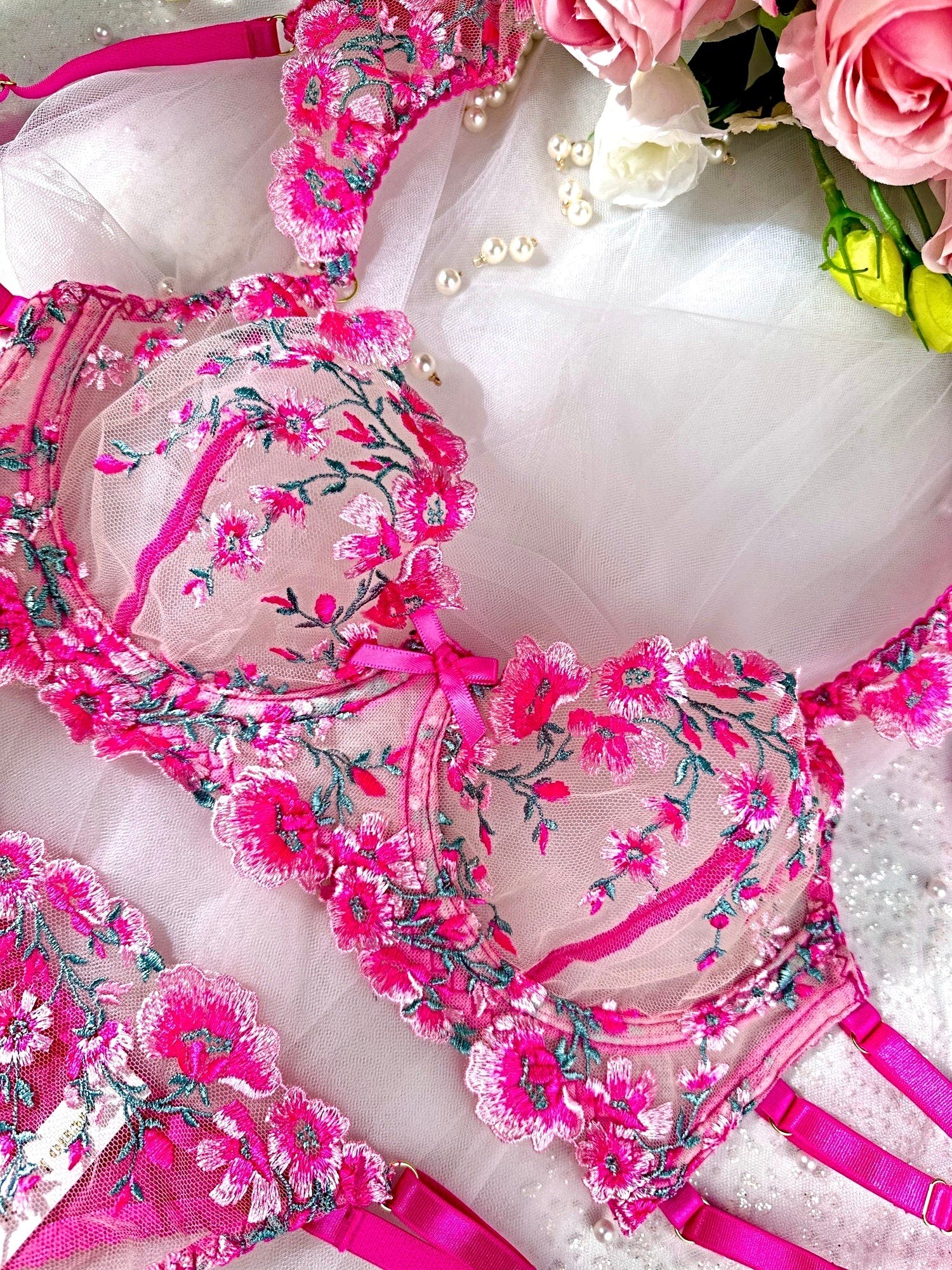 Pink Blossom Embroidery Lingerie Set - 2 pcs set