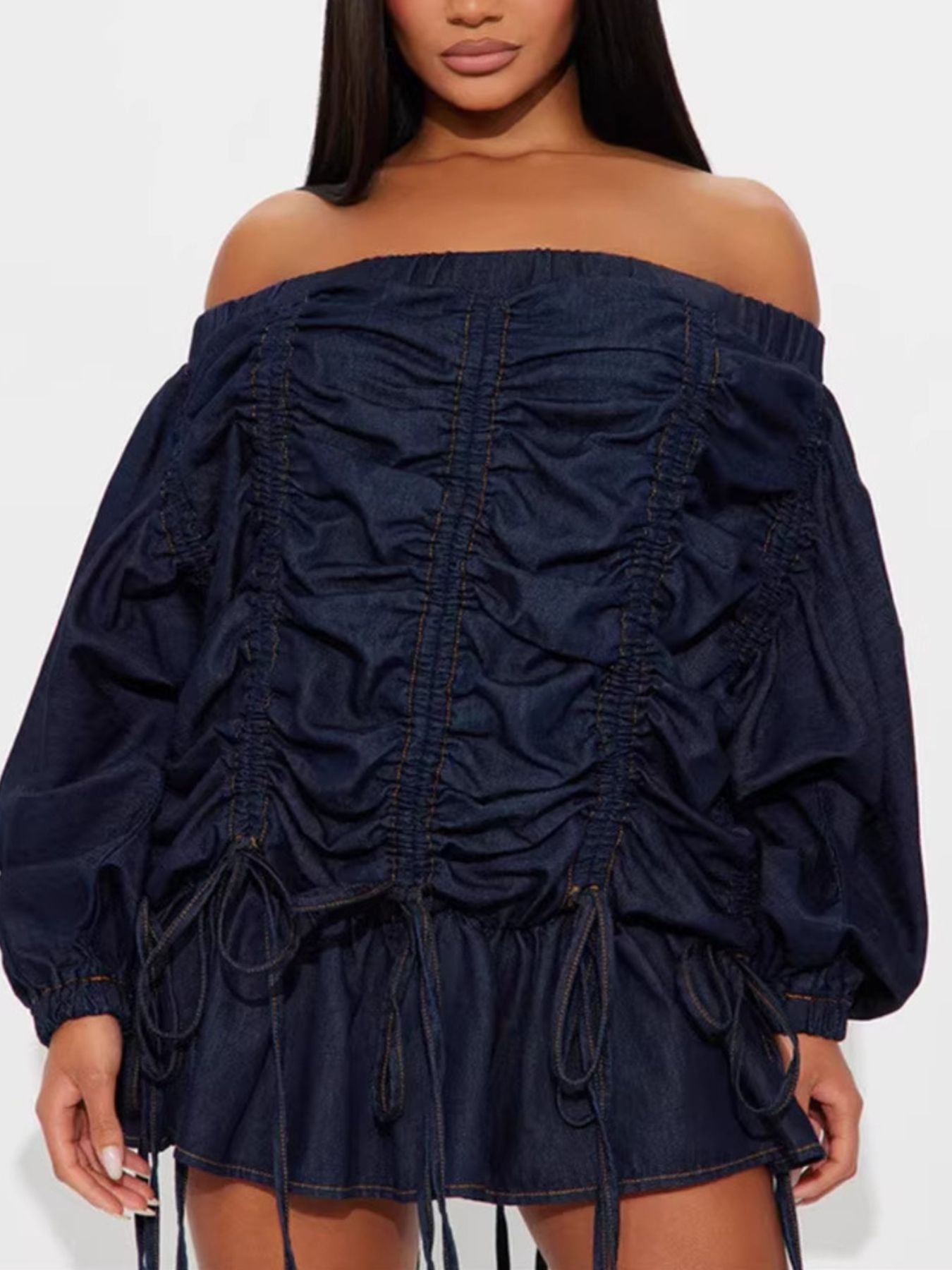 Elegant Off-Shoulder Denim Dress with Ruched Design and Ruffled Accents -