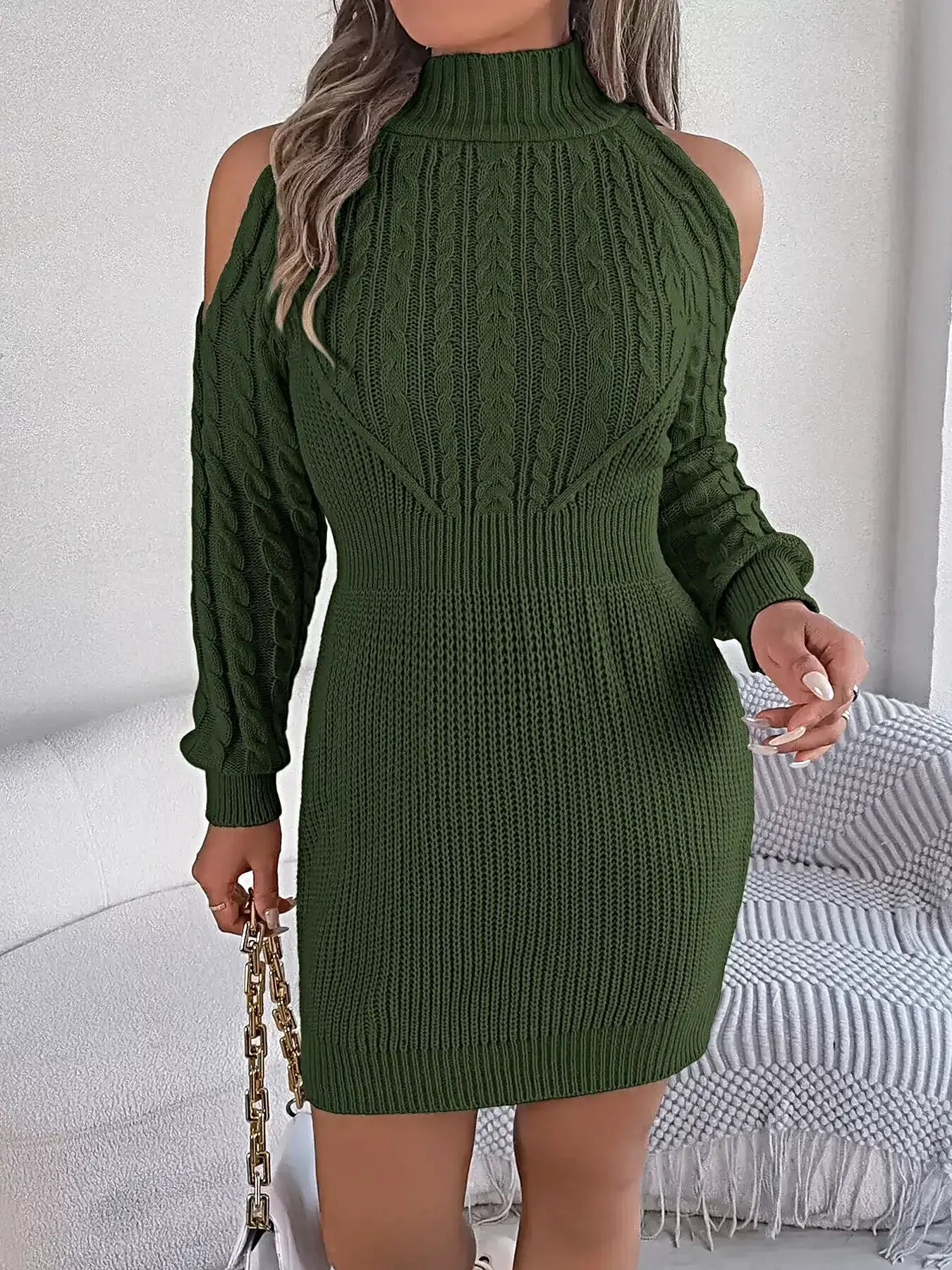 Cold Shoulder Cable Knit Turtleneck Sweater Dress -