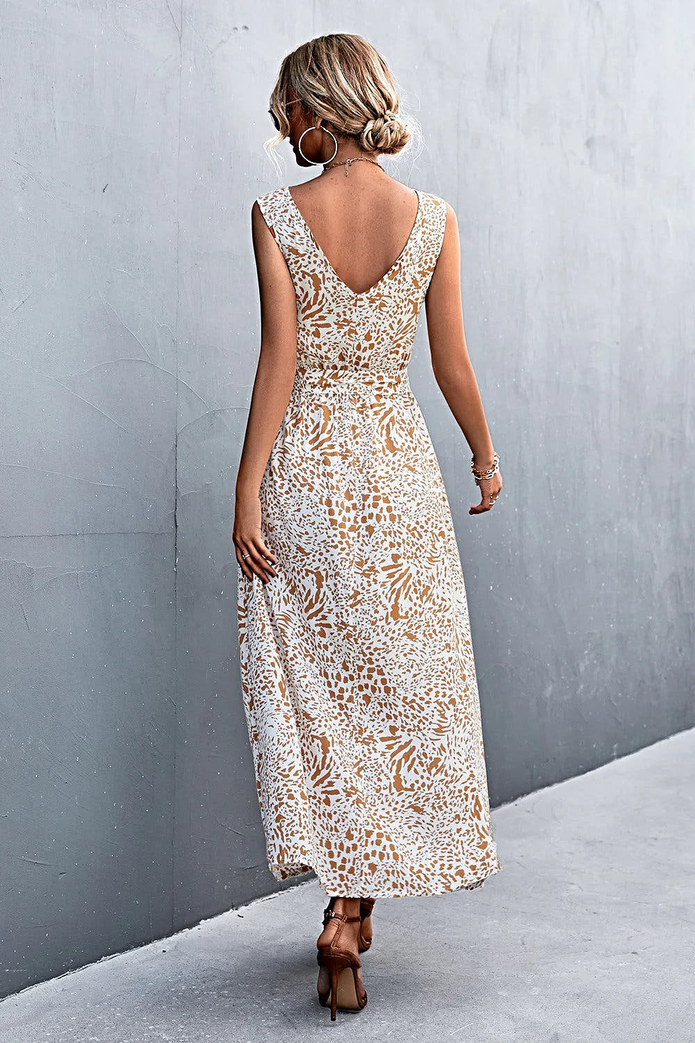 Printed V-Neck Tie Waist Maxi Dress -