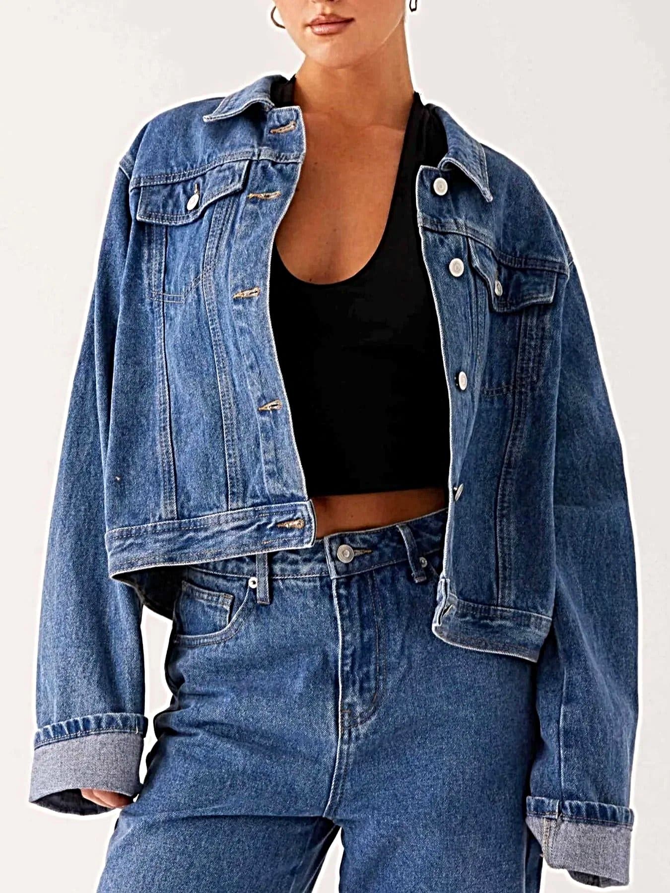 Button Down Cropped Oversized Denim Jacket -