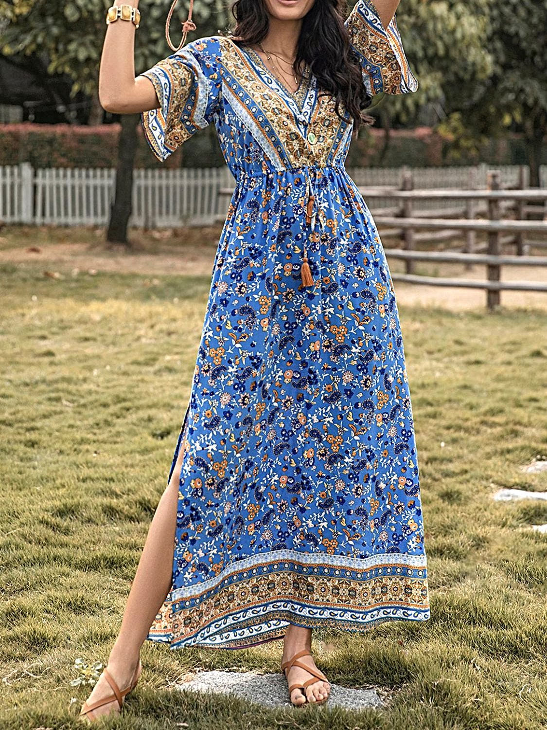 Elegant Printed Half Sleeve Dress with Slit - V-Neck Maxi Style in 100% Viscose Trendsi