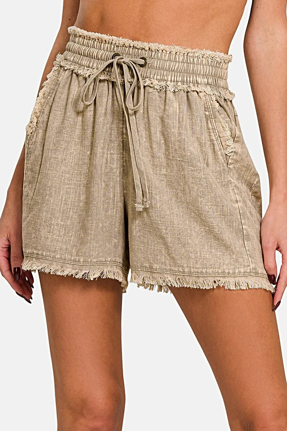 Zenana Washed Linen Frayed Hem Drawstring Shorts -
