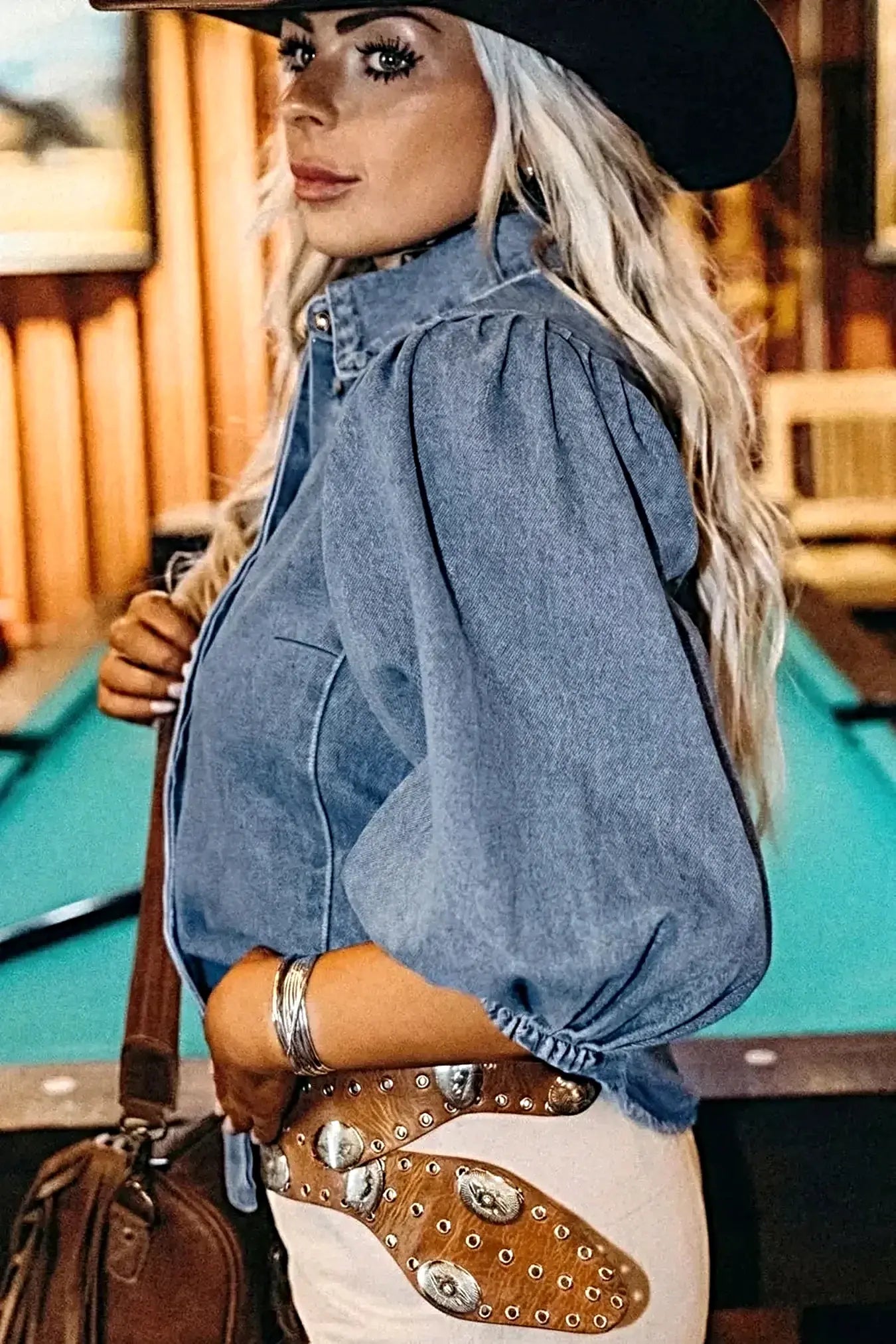 Puff Half Sleeve Collared Denim Shirt -