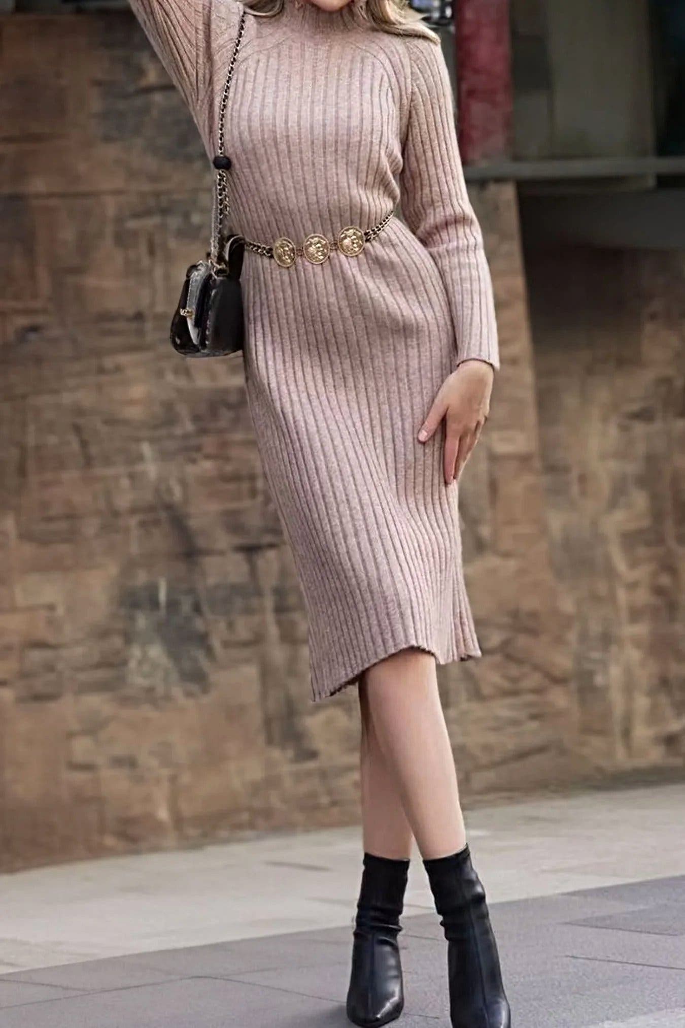 Ribbed Mock Neck Sweater Dress -