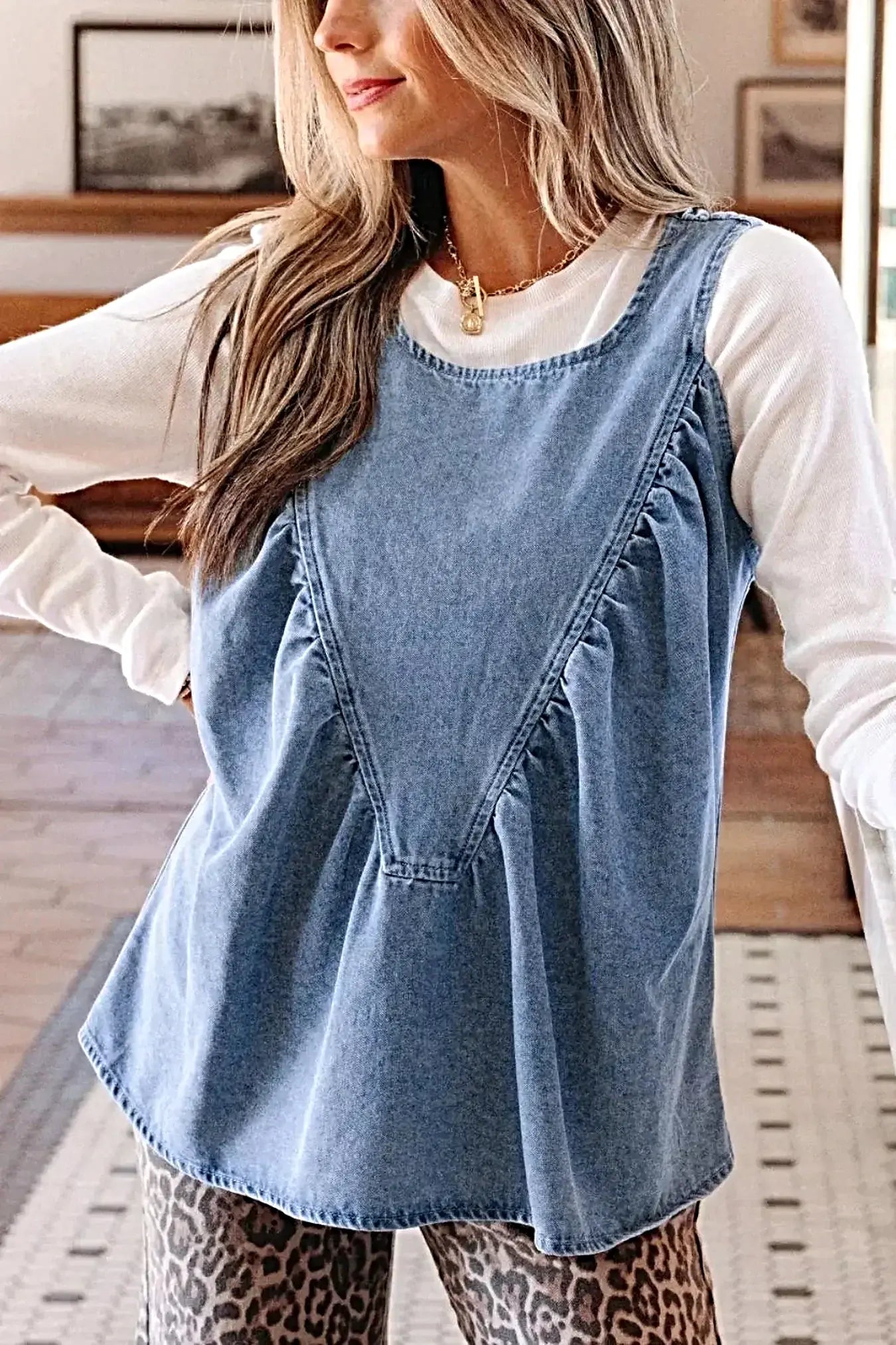 Denim Pleated Patchwork Sleeveless Top -
