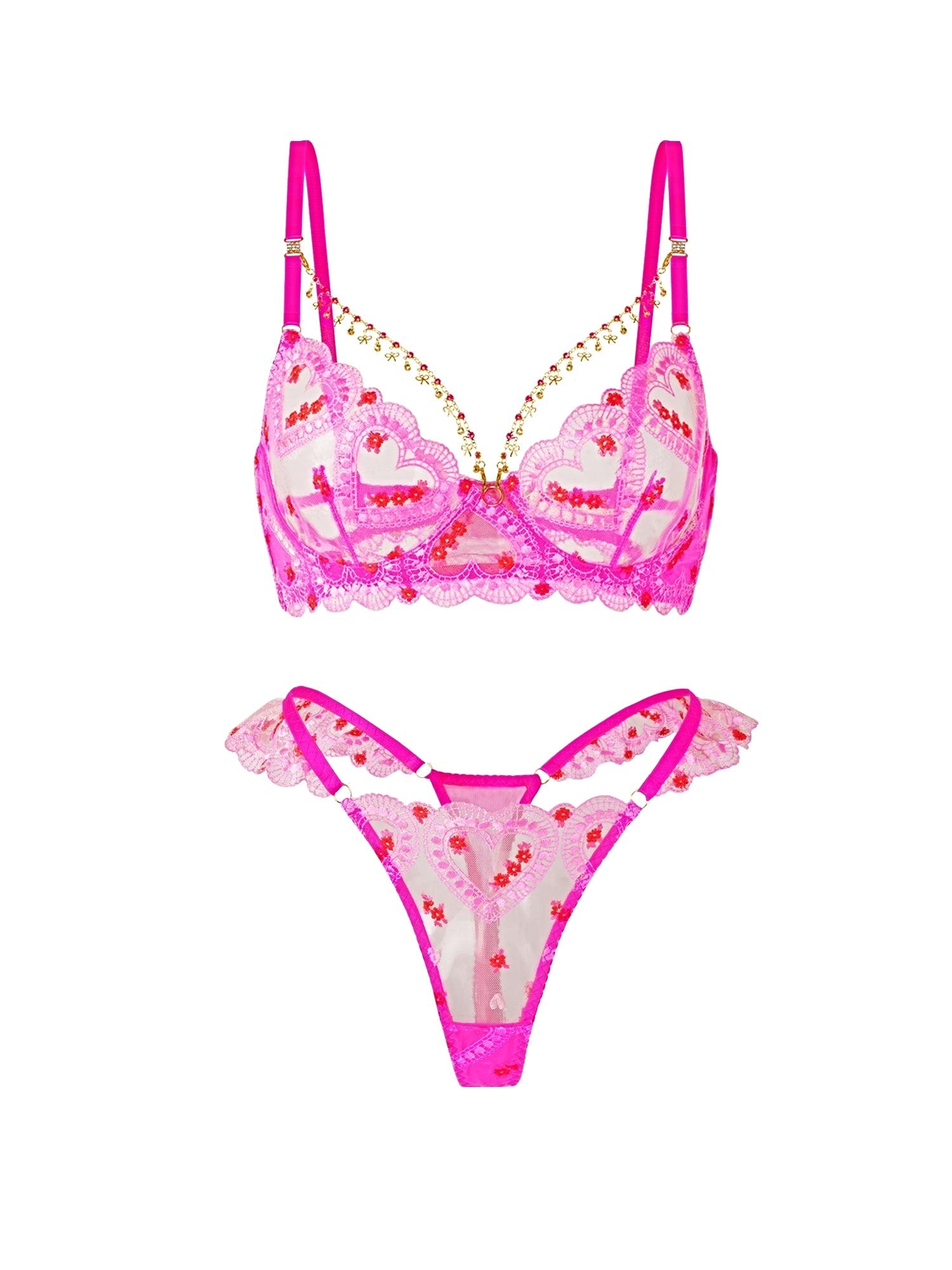 Pink Heart-Embellished Sheer Lingerie Set - 2 pcs set