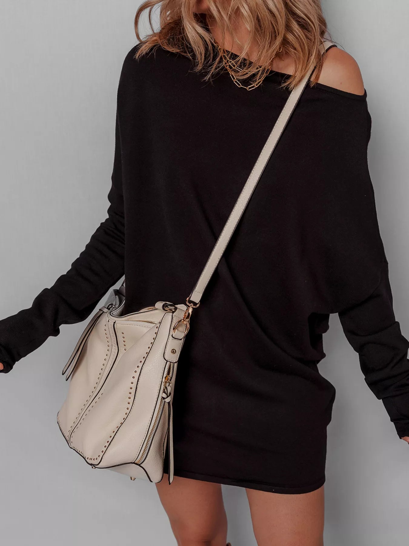 Asymmetric Neck Batwing Sleeve Shift Mini Sweater Dress -