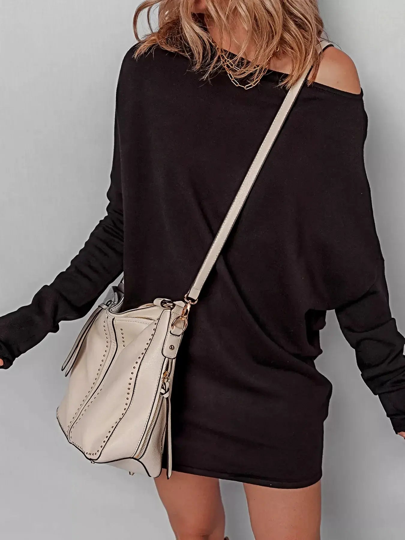 Asymmetric Neck Batwing Sleeve Shift Mini Sweater Dress -