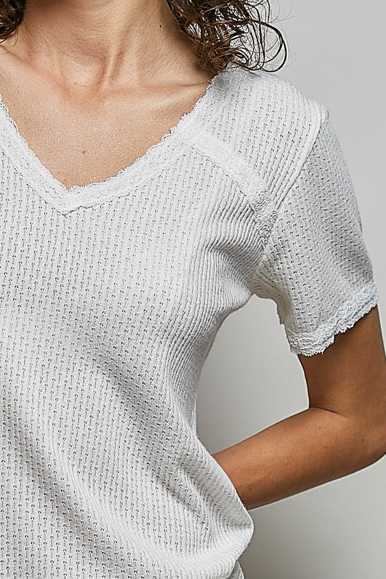 POL Lace Detail V-Neck Short Sleeve Textured T-Shirt -