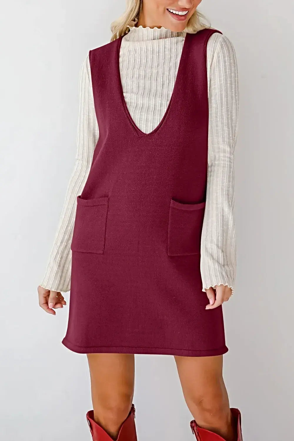 Lovelet Pocketed V-Neck Mini Sweater Overall Dress -