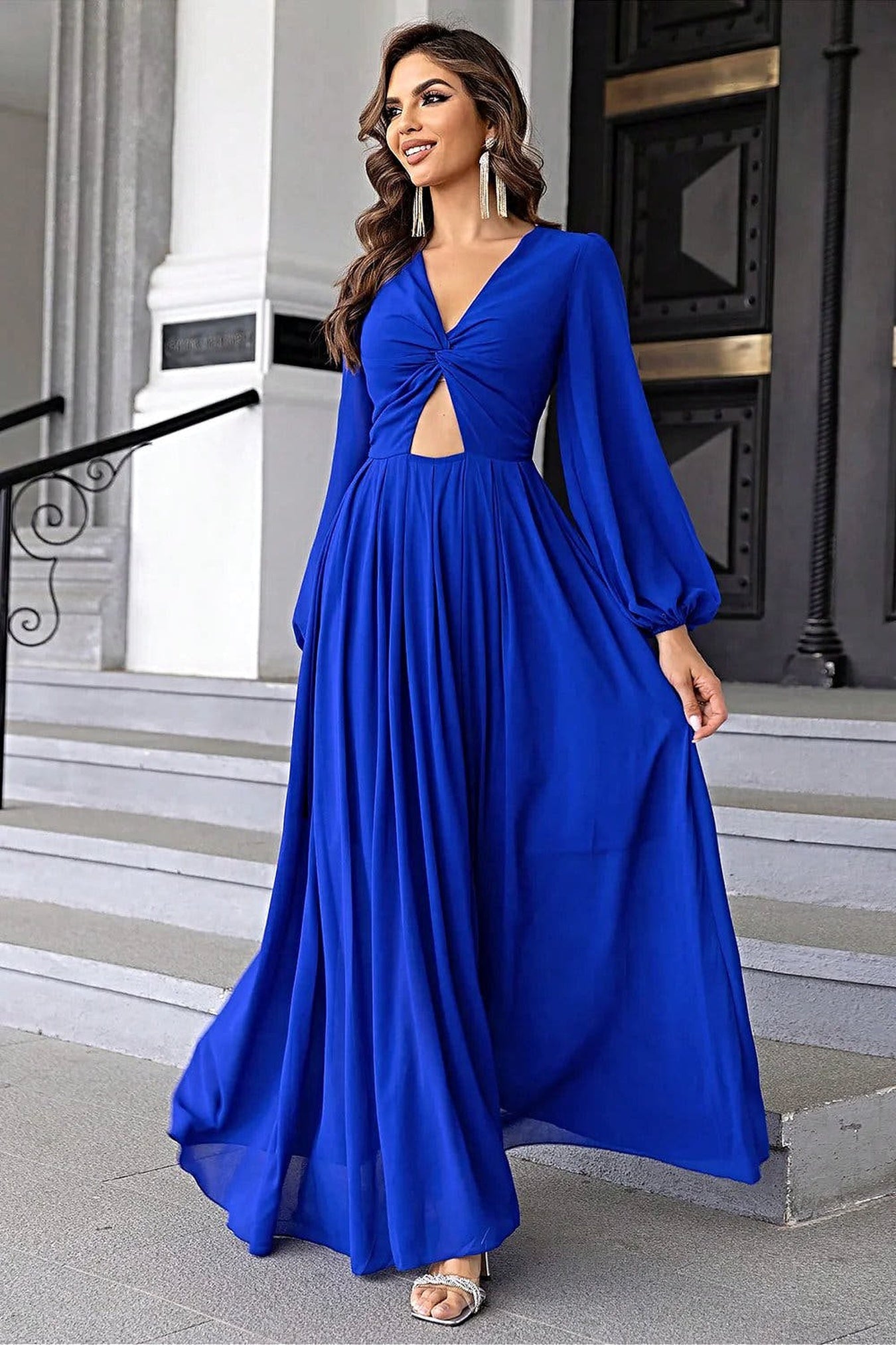 Chic Twist Front Cutout Long Sleeve Women's Fashion Dress in 100% Polyester Trendsi