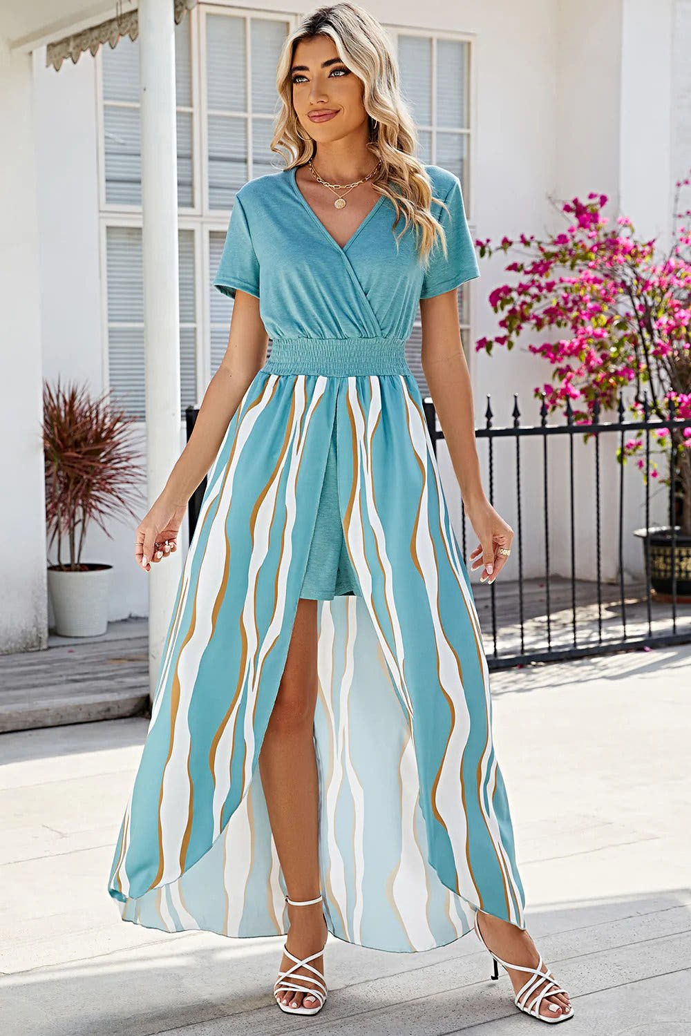 Sleek Smocked Surplice Dress With High-Low Hemline - Opaque, Slightly Stretchy, Imported Elegance Trendsi