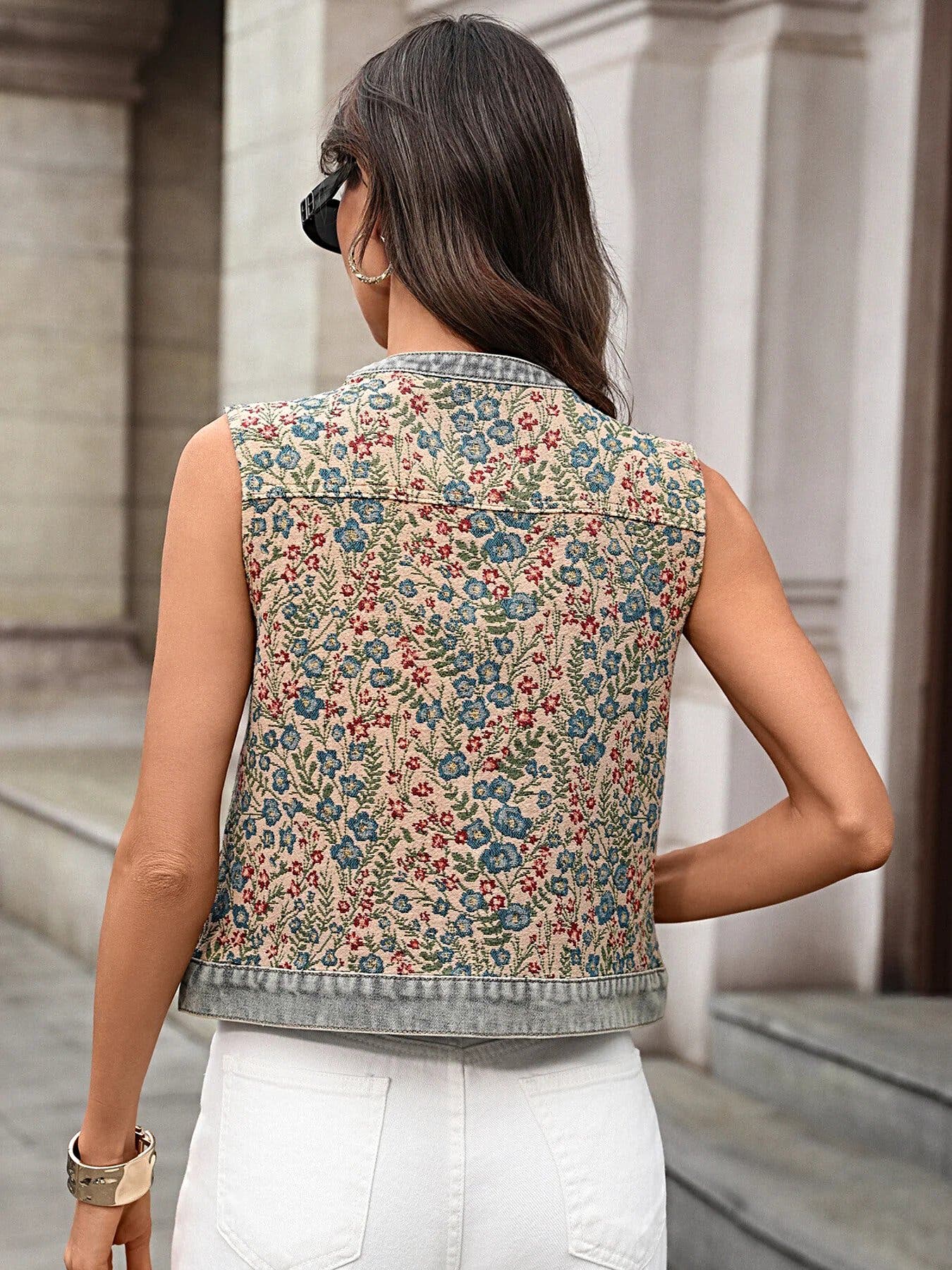 Floral Embroidered Sleeveless Denim Top -