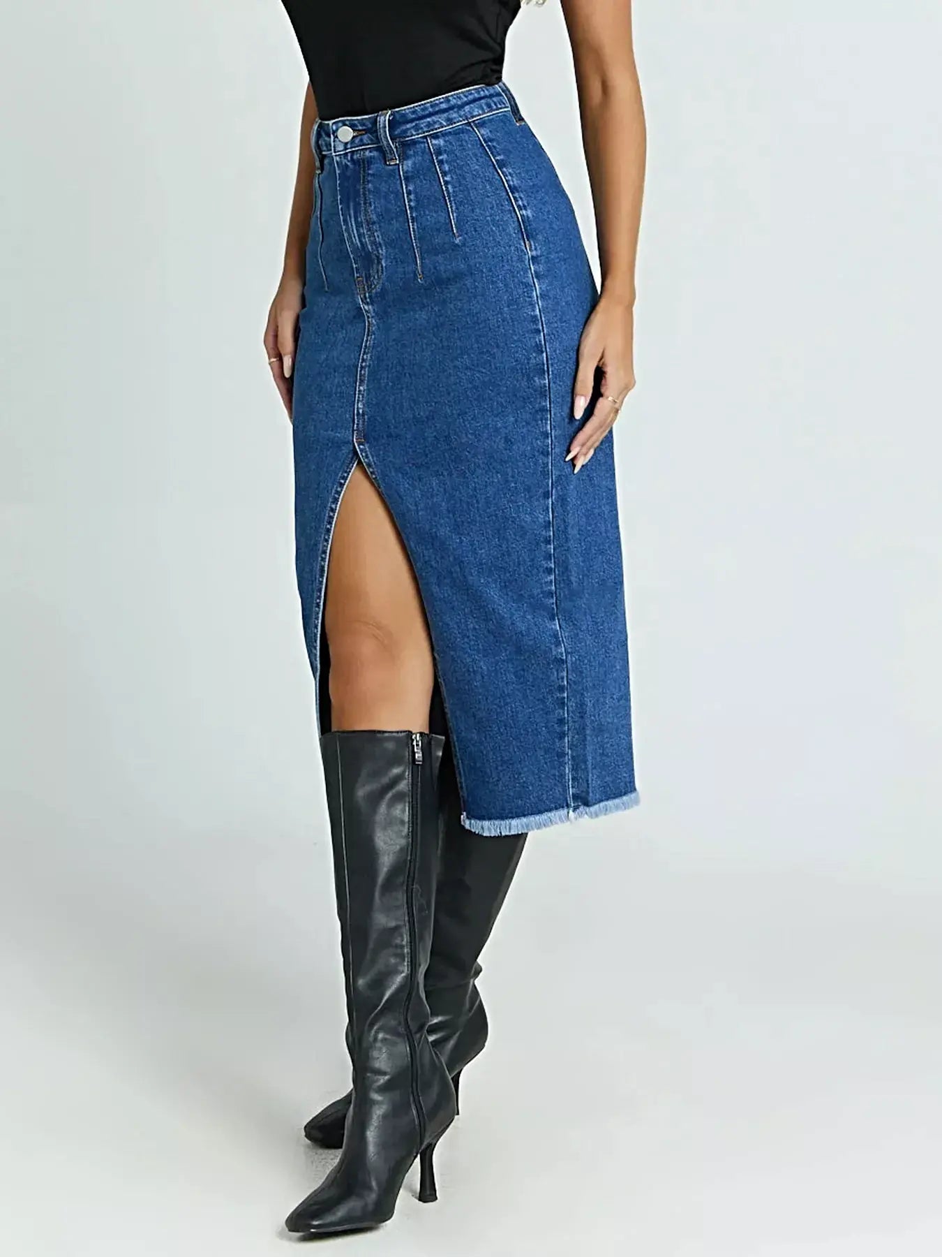 High-Waisted Slit Denim Skirt -