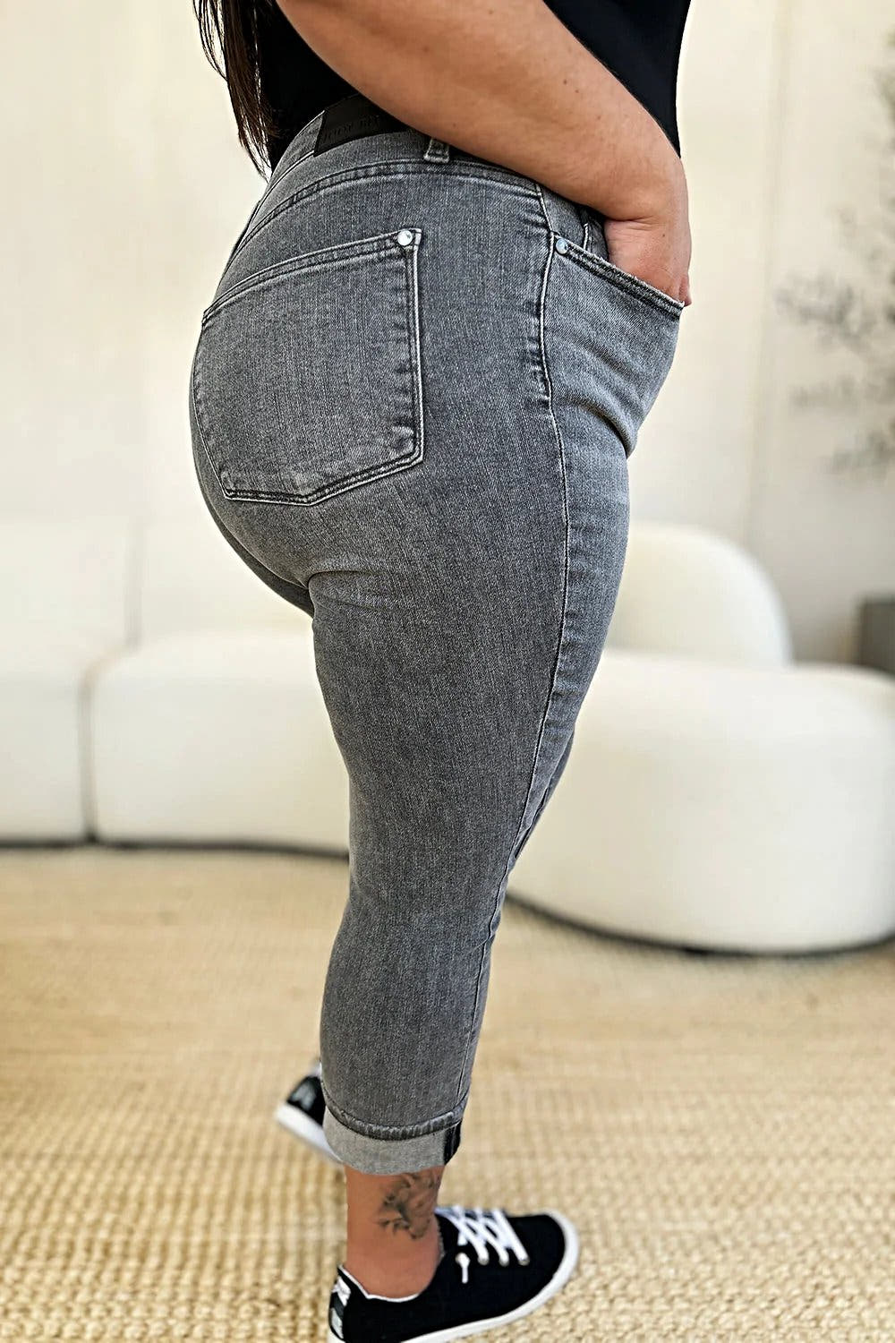 Judy Blue Full Size Button Fly High Waist Cuffed Capris -