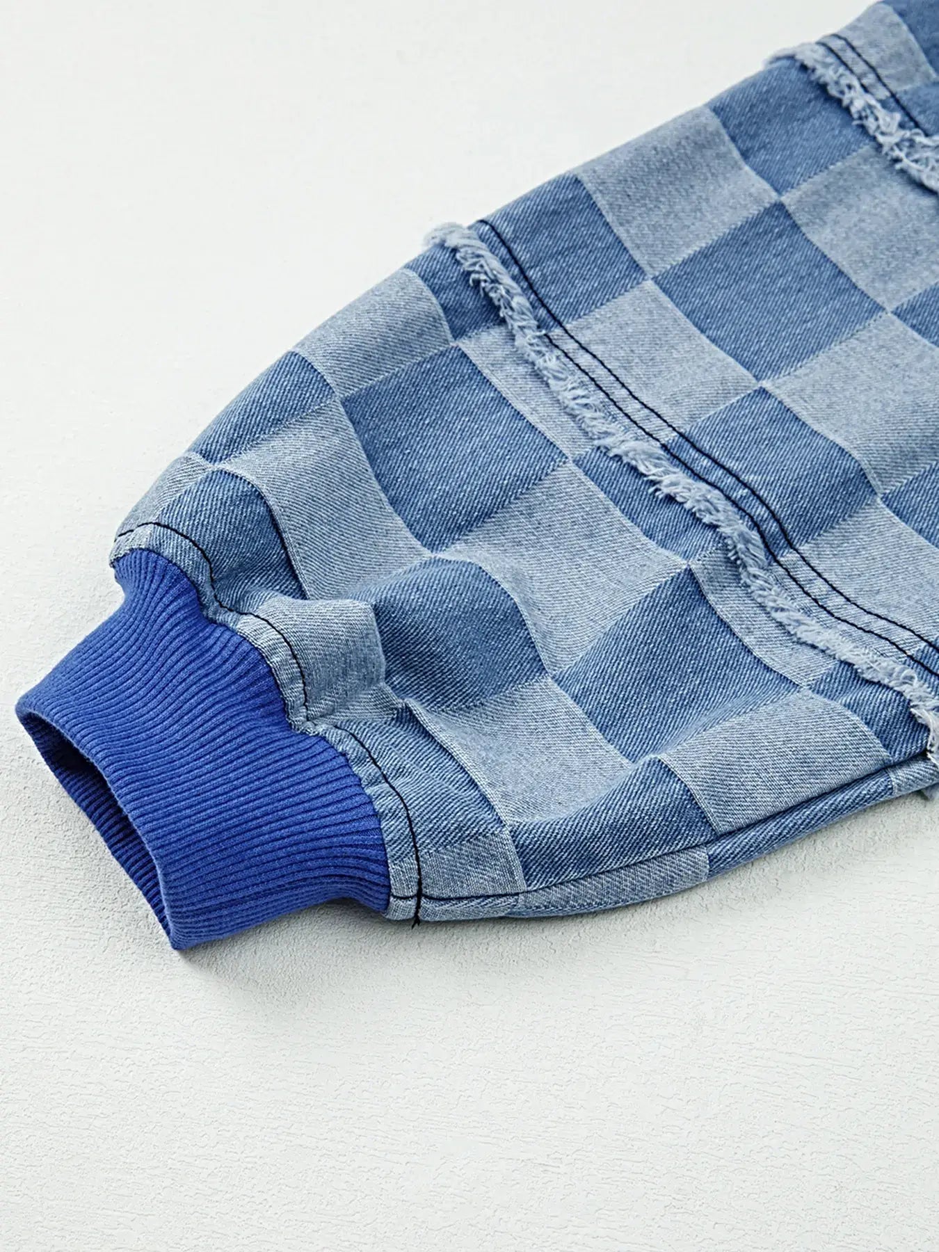 Checkerboard Splicing Raw Detail Oversized Denim Top -