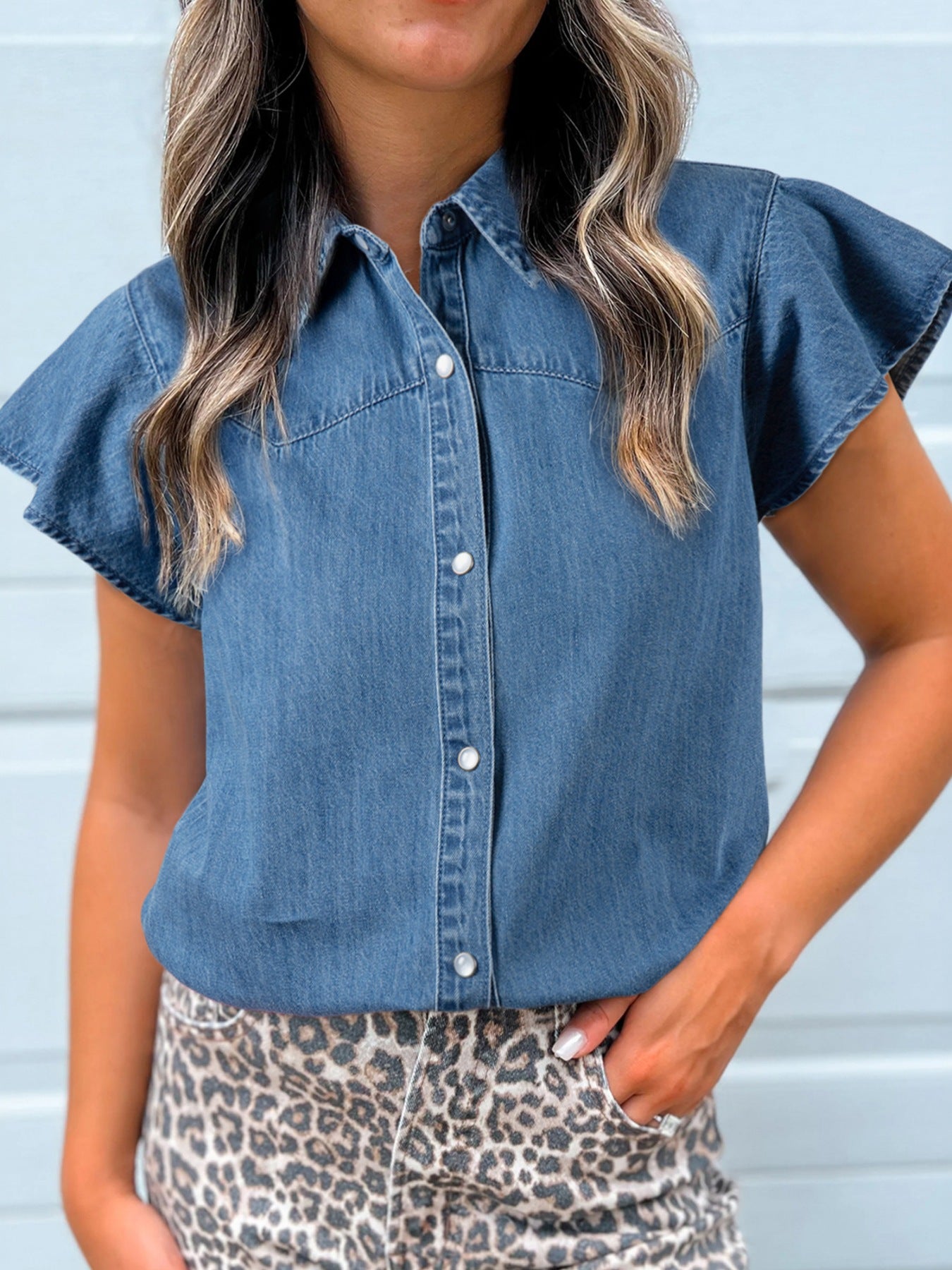 Ruffled Short Sleeve Denim Shirt -