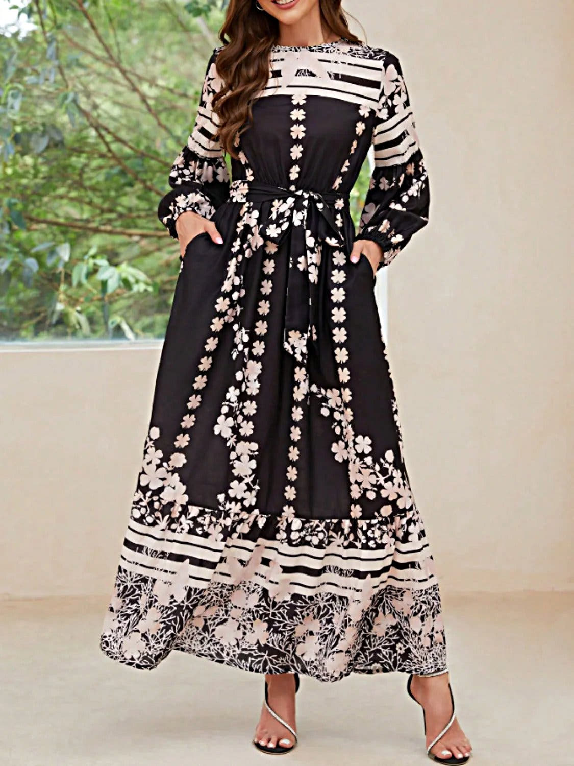 Elegant Printed Long Sleeve Maxi Dress with Pockets and Tied Detail Trendsi
