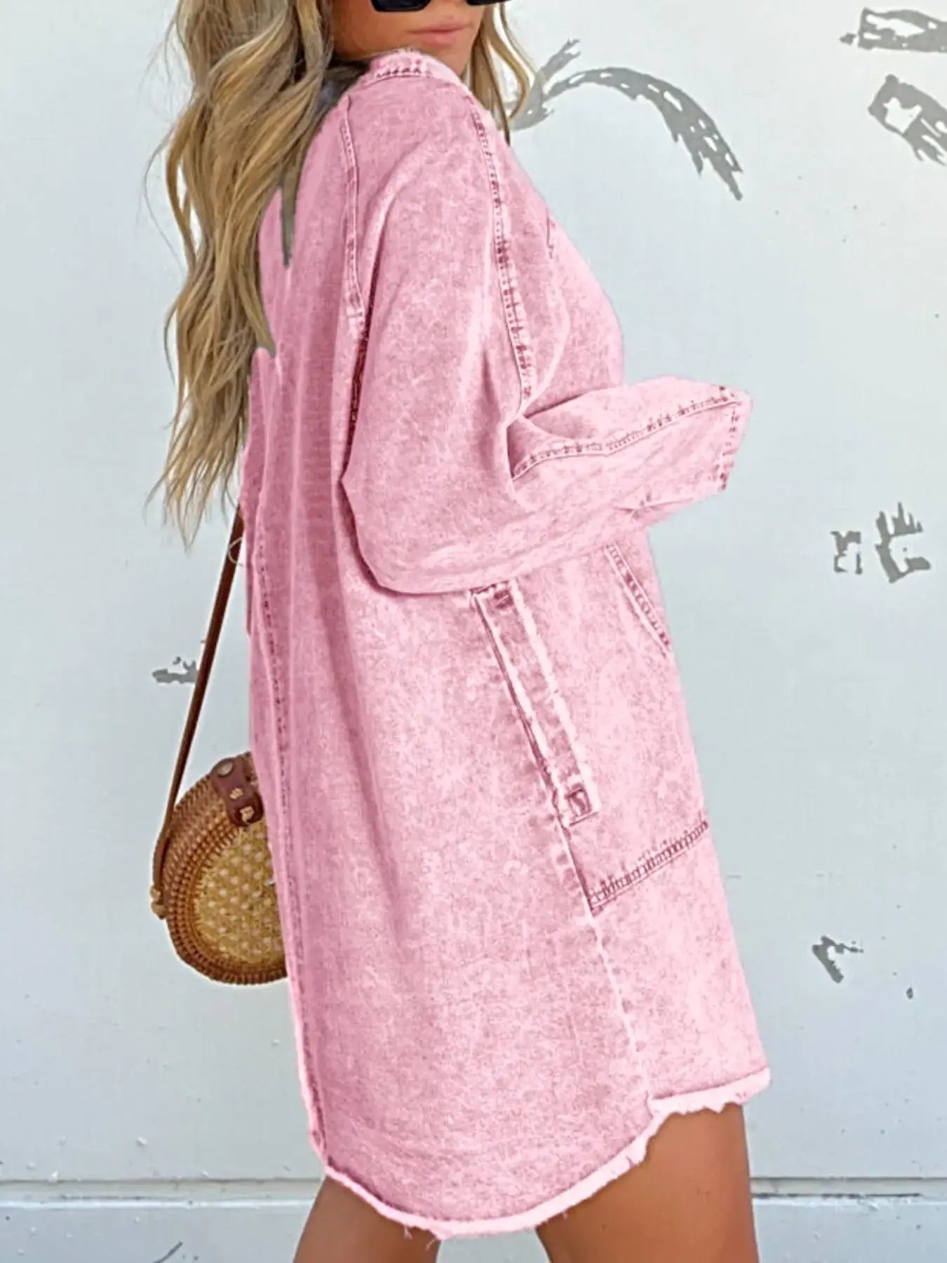 Full Size Button-Front Long Sleeve Denim Shirt Dress Plus Size -