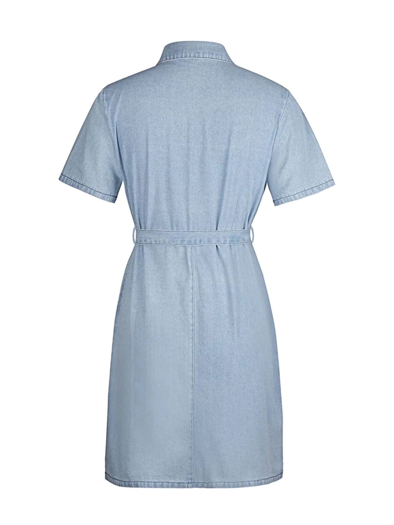 Zip Front Short Sleeve Denim Dress -