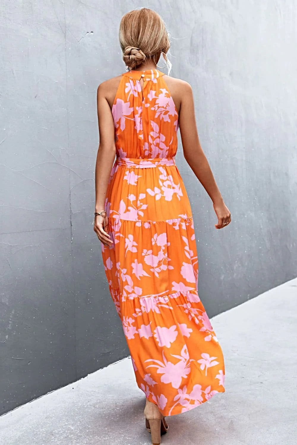 Grecian Printed Tie Waist Maxi Dress with Sleeveless Design and Polka Dot Floral Pattern Trendsi