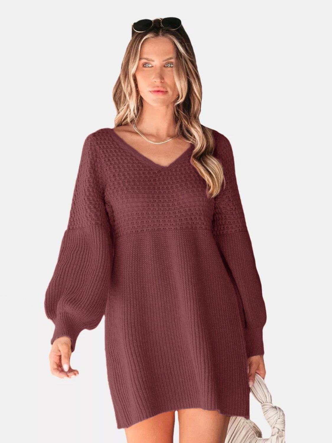 Perfee V-Neck Long Sleeve Sweater Dress Trendsi