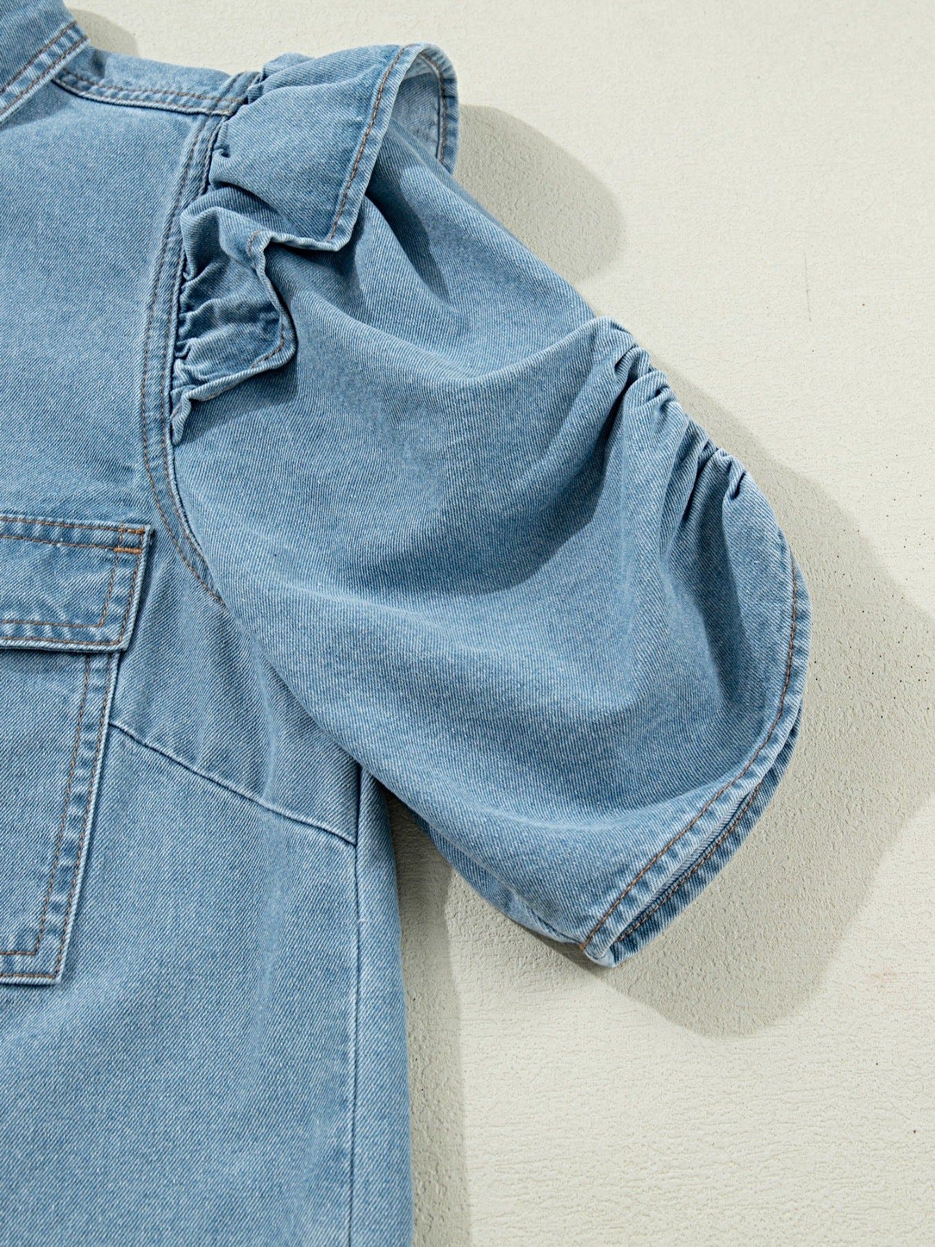 Ruffled Button-Down Denim Shirt -