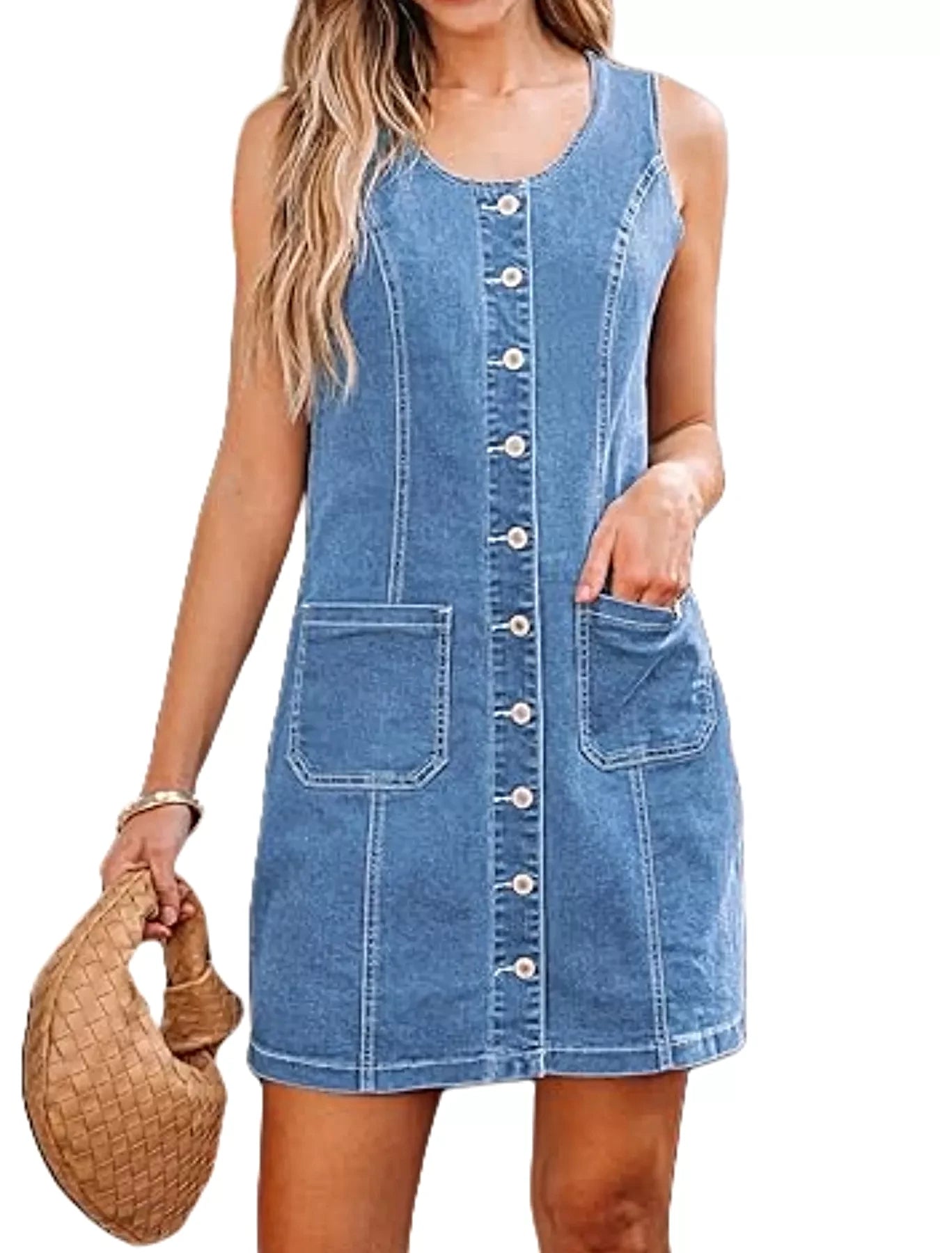 Button-Front Sleeveless Denim Dress -