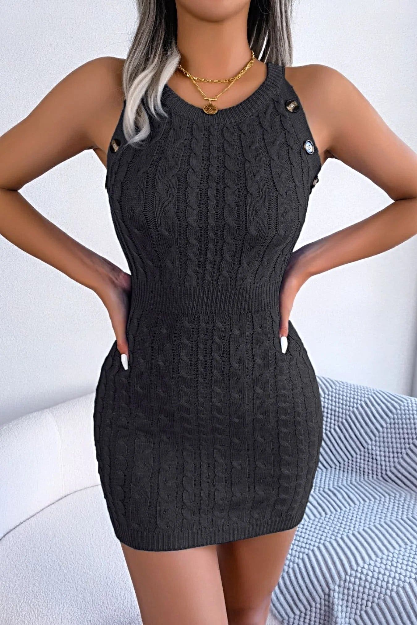 Decorative Button Sleeveless Cable-Knit Dress -