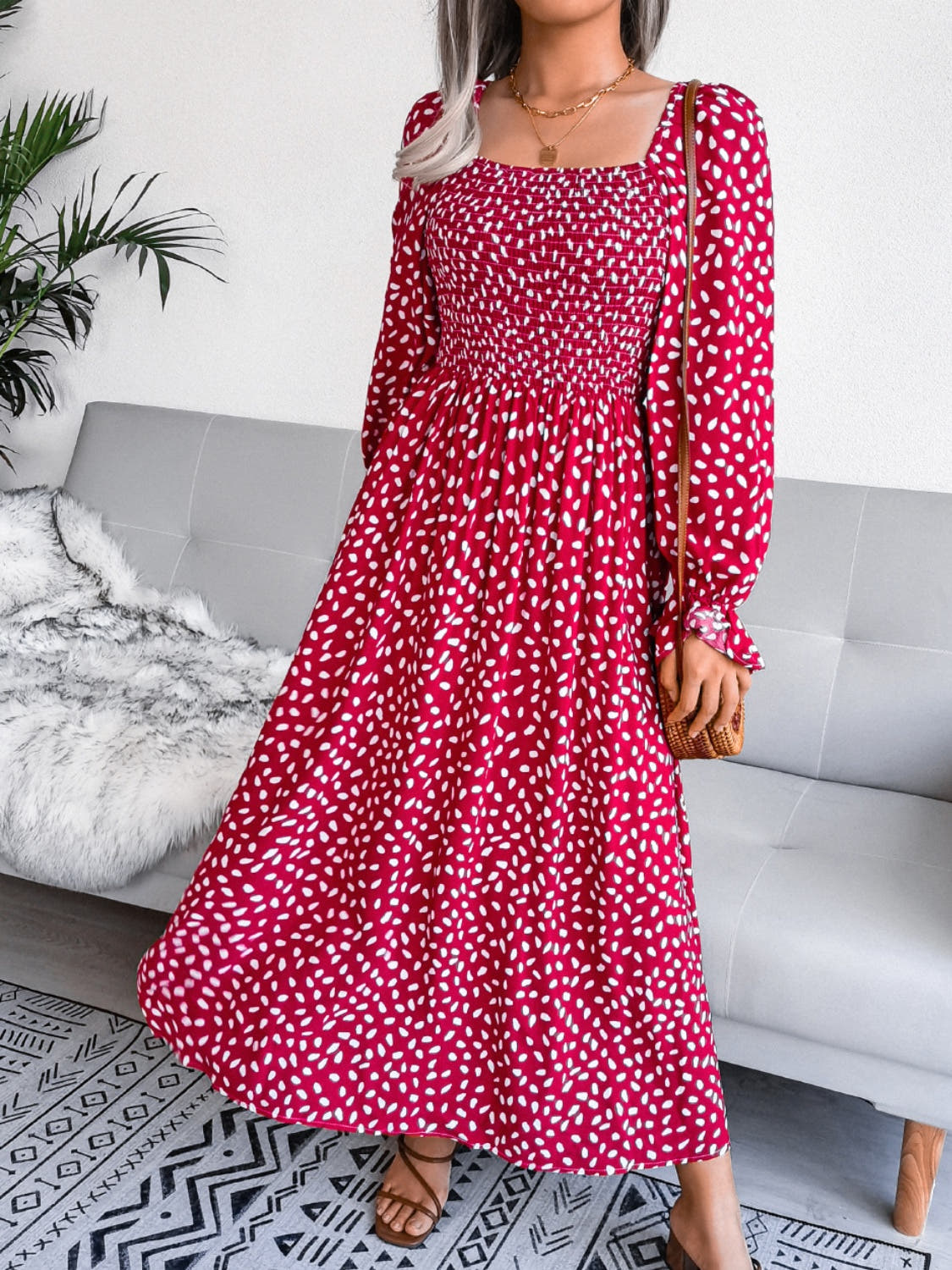 Smocked Square Neck Flounce Sleeve Dress -