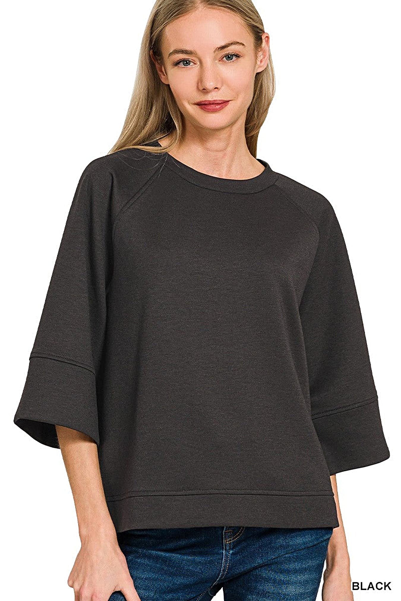 Zenana Scuba 3/4 Sleeve Pullover -