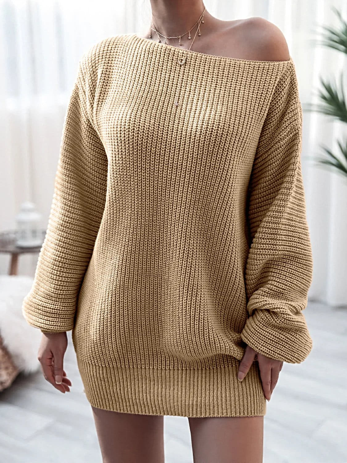 Rib-Knit Mini Sweater Dress -