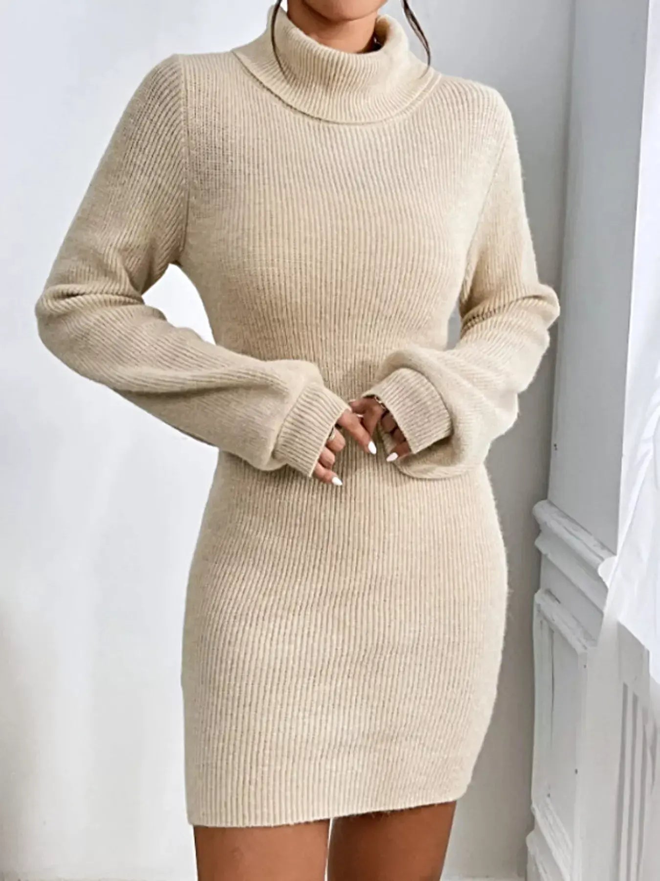 Women's Ribbed Turtleneck Sweater Dress - Stretch Knit For Elegant Cold-Weather Style -