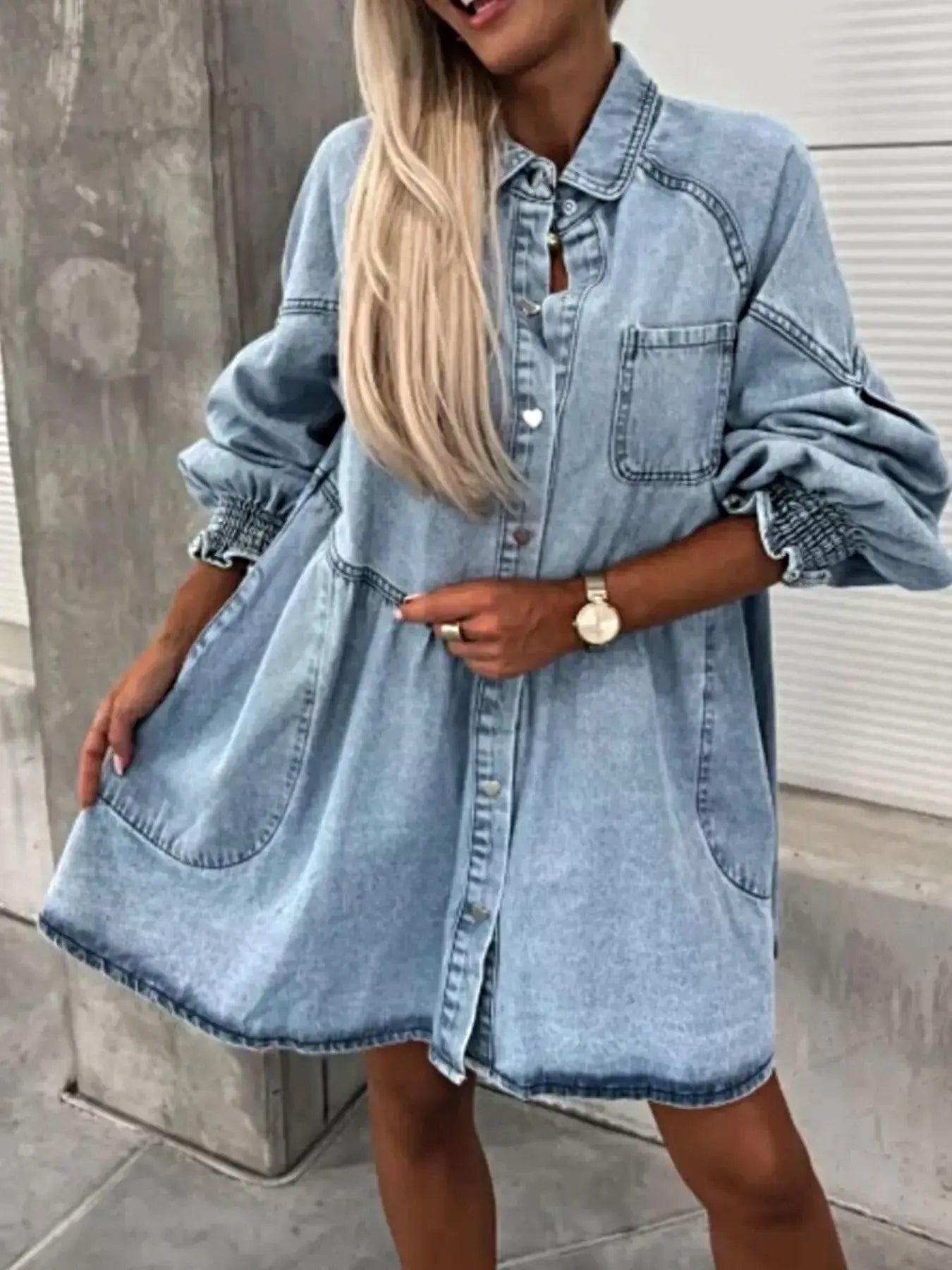 Oversized Long Sleeve Button-Up Denim Dress -