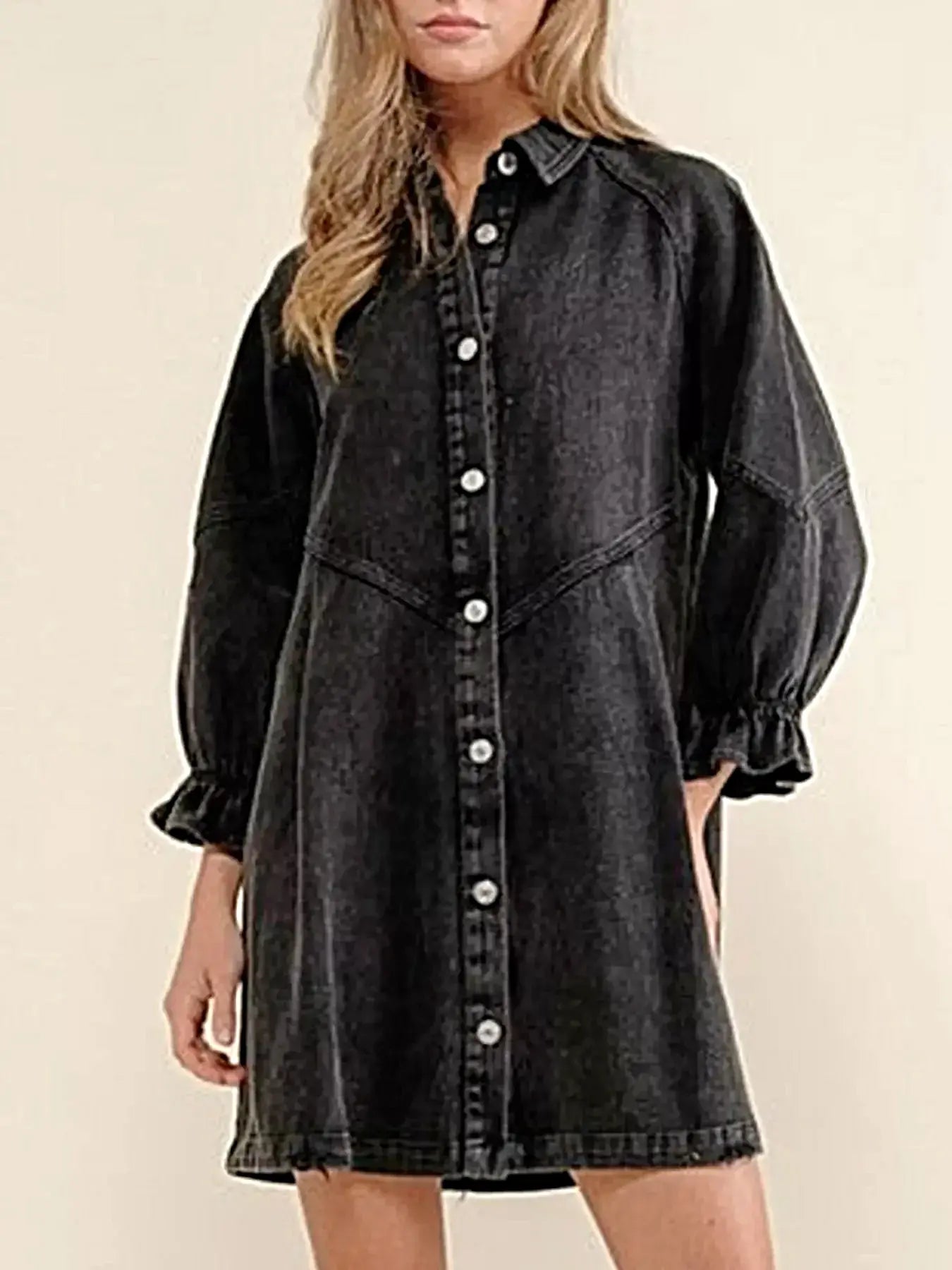 Ruffled Cuff Button-Down Denim Dress -