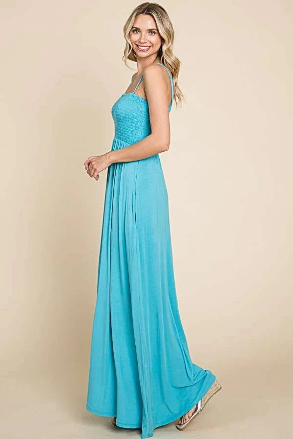 Elegant Smocked Cami Maxi Dress with Pockets - Flattering Fit & Flowing Style Trendsi