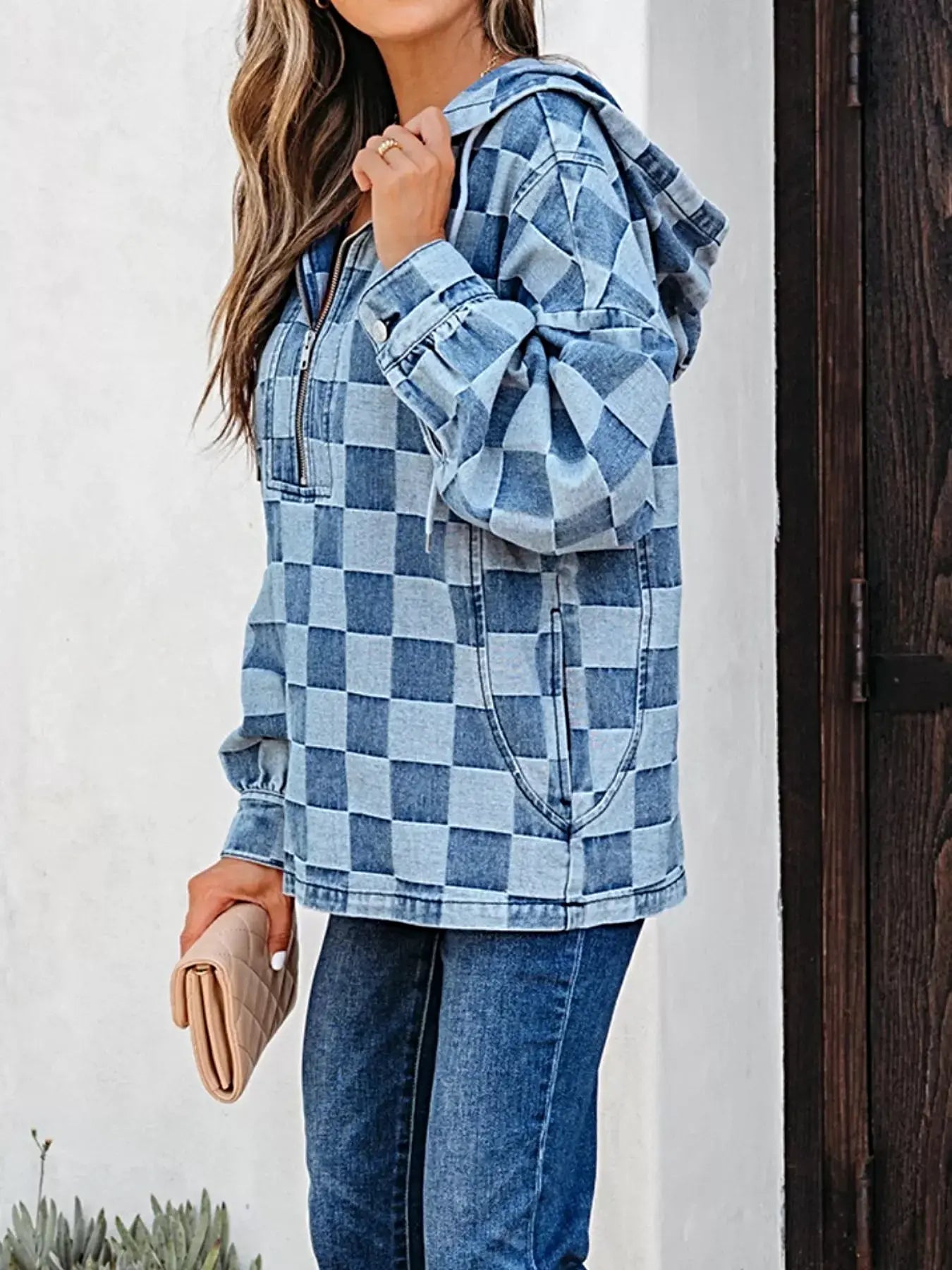 Checkered Half Zip Denim Hoodie Top -
