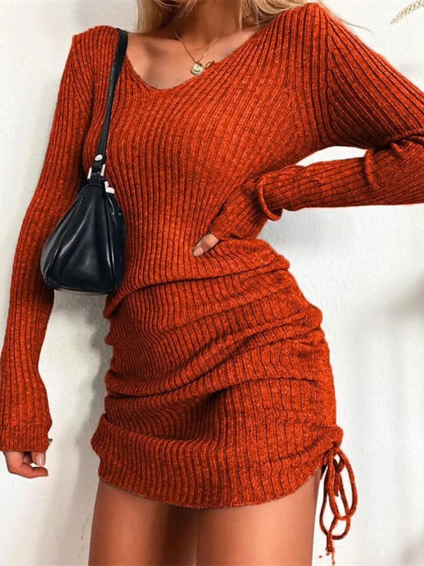 Full Size Ribbed Knit Drawstring Bodycon Sweater Dress Plus Size -