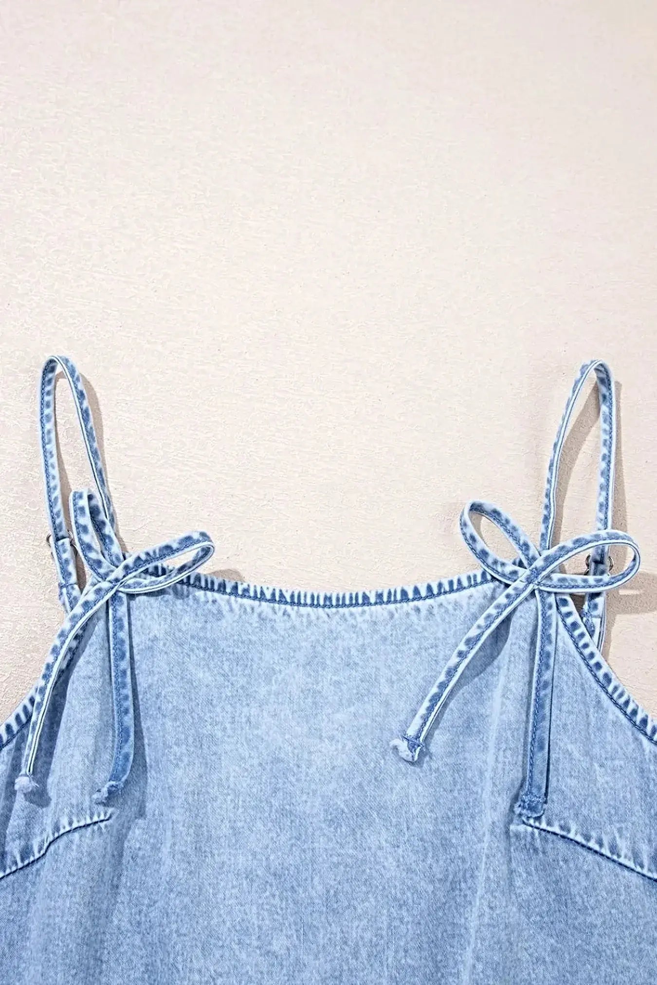 Bow Detail Spaghetti Straps Ruffle Hem Denim Dress -